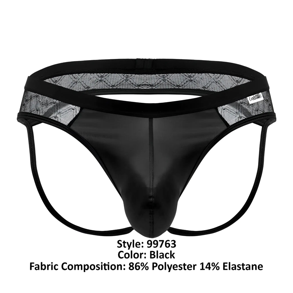 Black candyman 99763 lace jockstrap thong with shiny smooth front panel and sheer mesh side panels