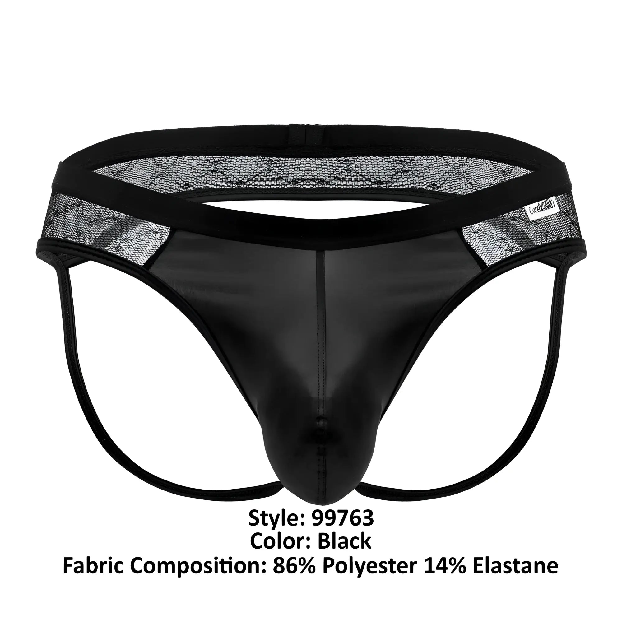 Black candyman 99763 lace jockstrap thong with shiny smooth front panel and sheer mesh side panels