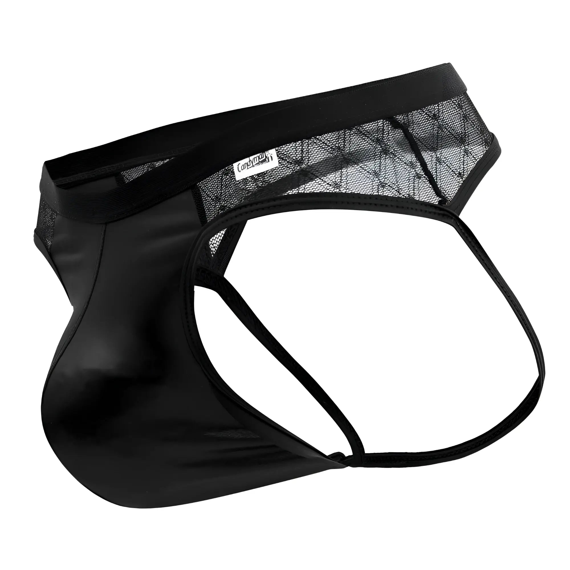 Black satin-like candyMan 99763 lace jockstrap with mesh panel and elastic waistband front view