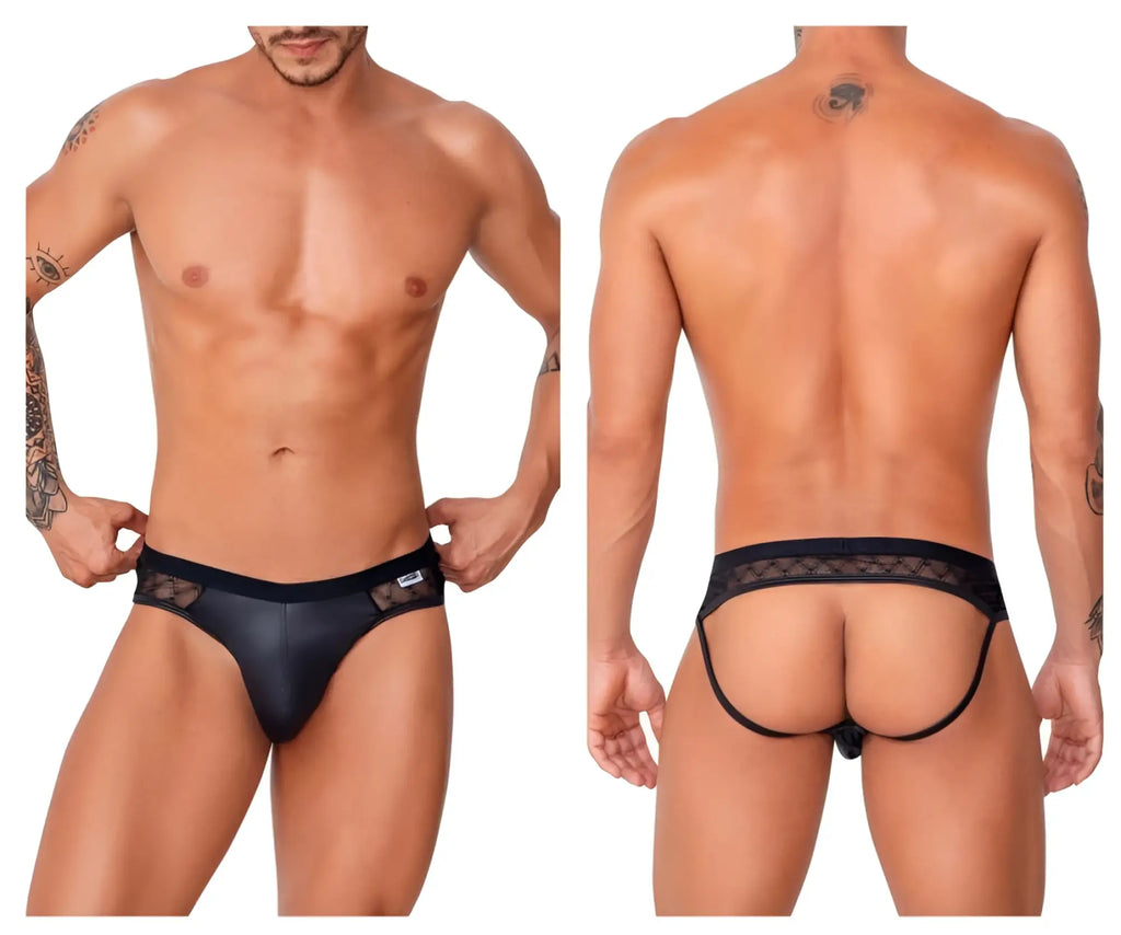 Black candy man 99763 lace jockstrap briefs with black lace trim and a smooth glossy finish