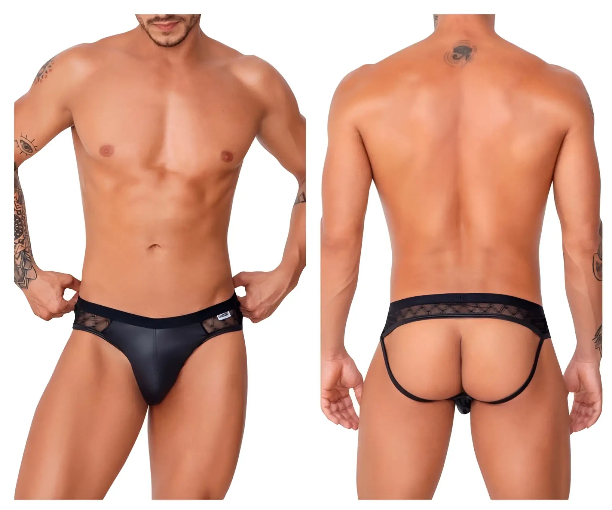 Black candy man 99763 lace jockstrap briefs with black lace trim and a smooth glossy finish