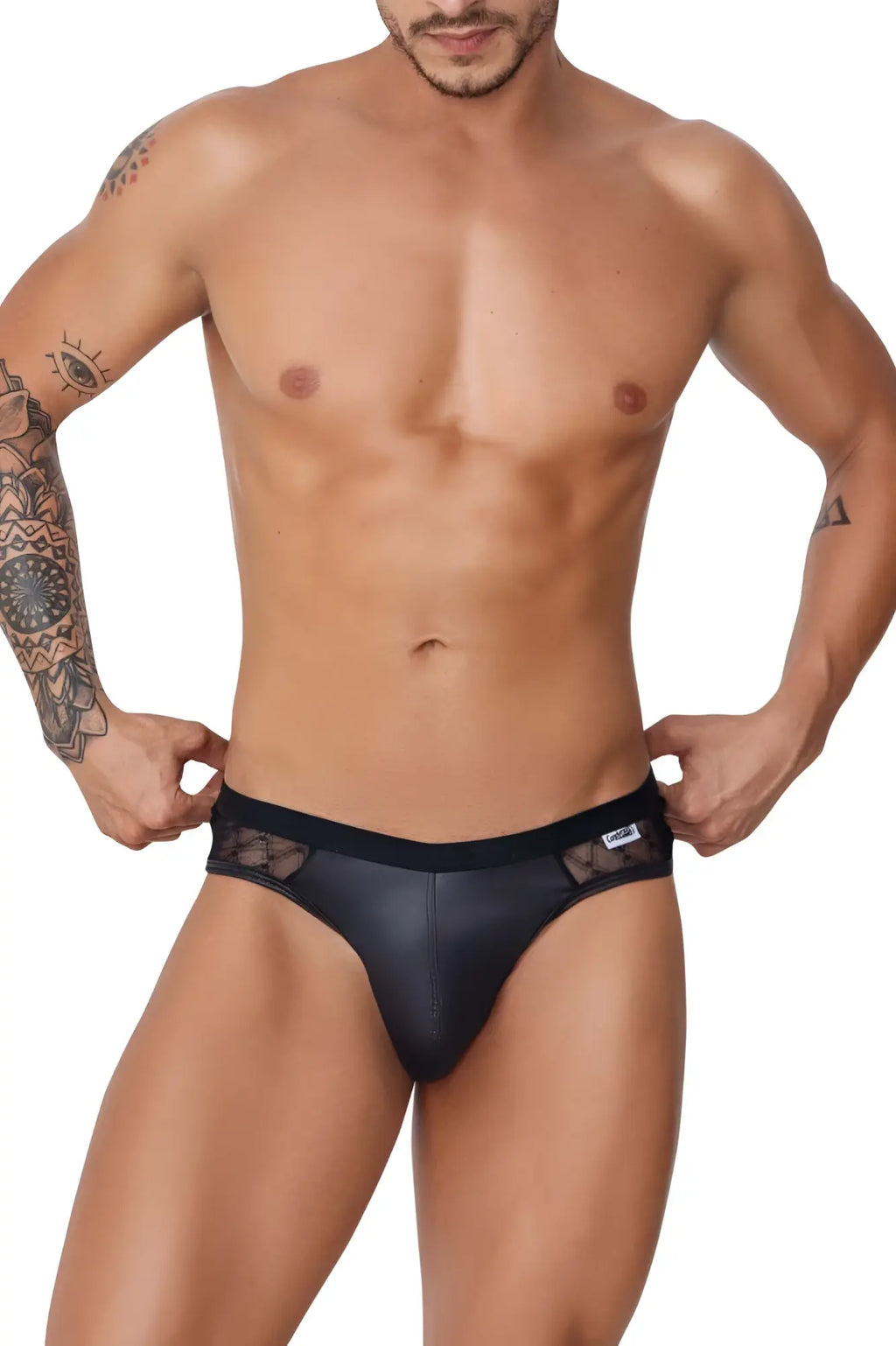 Black lace-trimmed candyMan 99763 lace jockstrap briefs with sleek form-fitting design in black