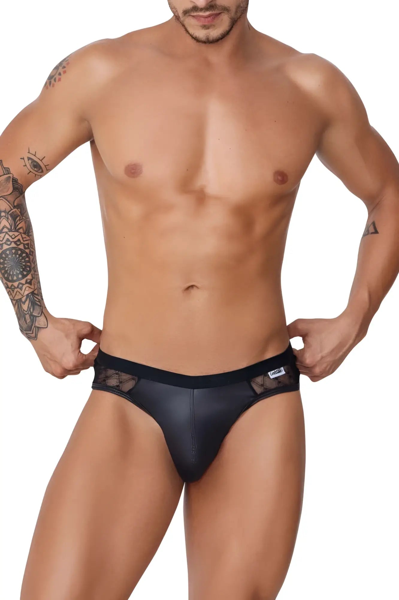 Black lace-trimmed candyMan 99763 lace jockstrap briefs with sleek form-fitting design in black