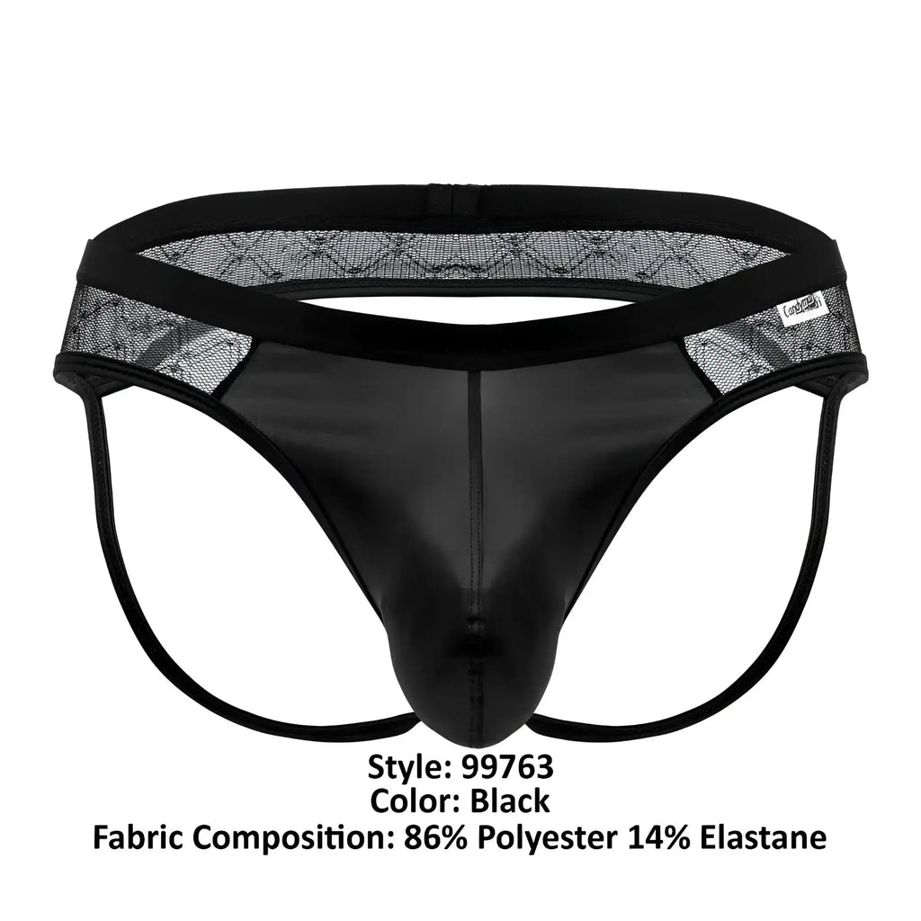 Black candyman 99763 lace jockstrap thong with shiny smooth front panel and sheer mesh side panels
