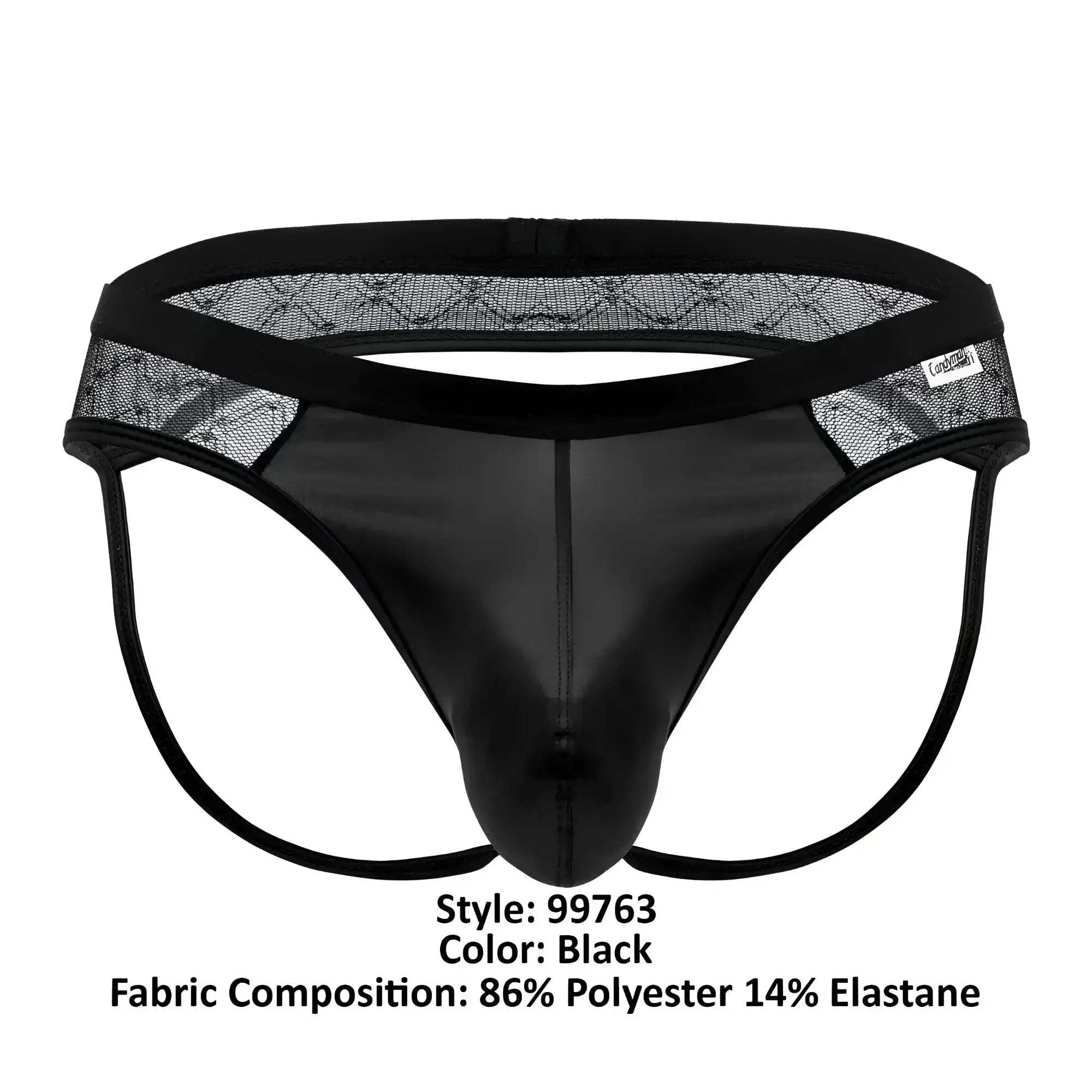 Black candyman 99763 lace jockstrap thong with shiny smooth front panel and sheer mesh side panels
