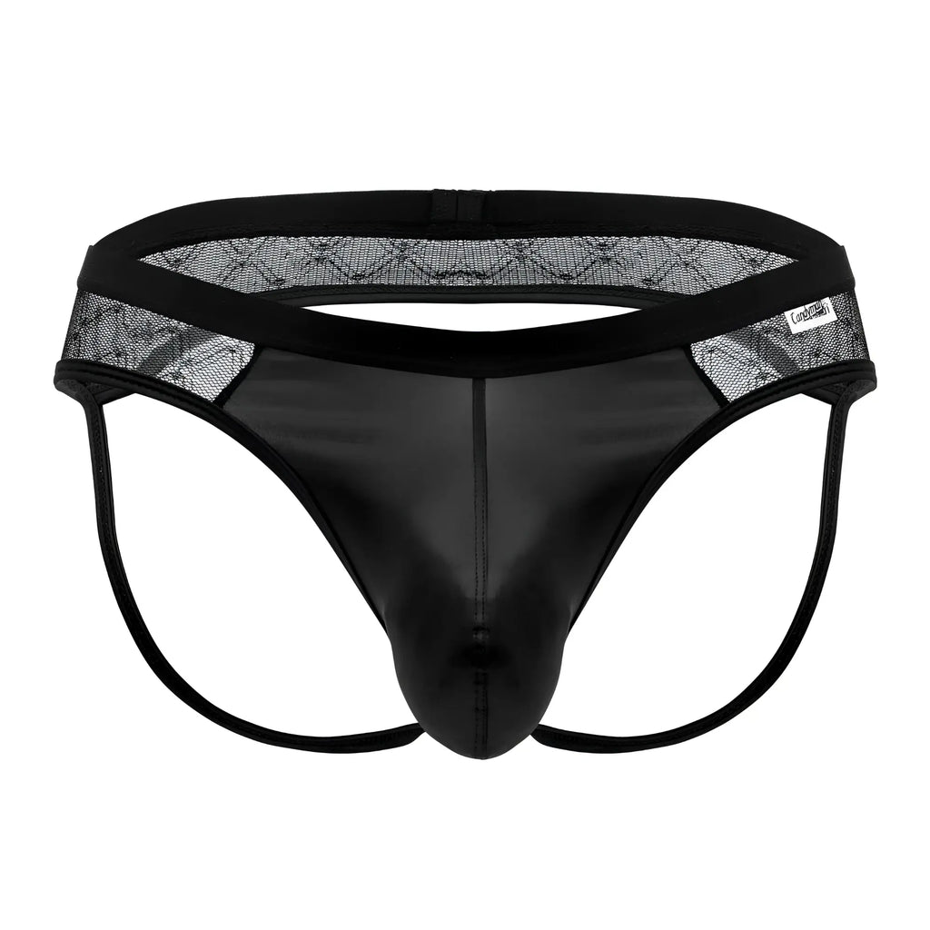 Black lace-trimmed thong with glossy patent leather front panel and adjustable side straps by Candyman 99763 in black