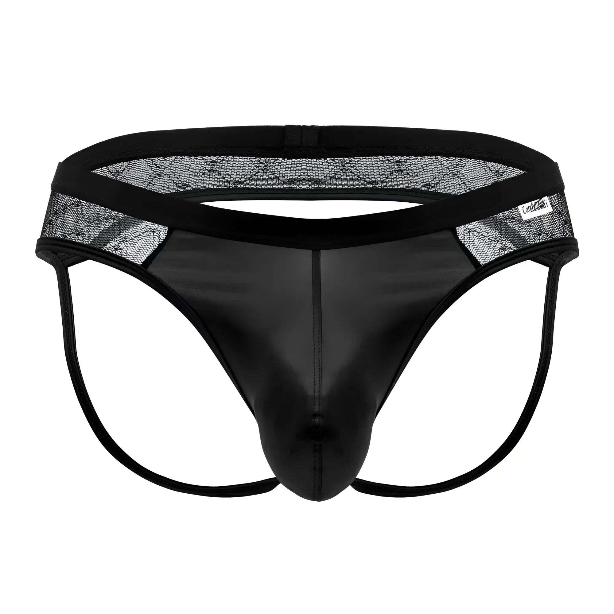 Black lace-trimmed thong with glossy patent leather front panel and adjustable side straps by Candyman 99763 in black