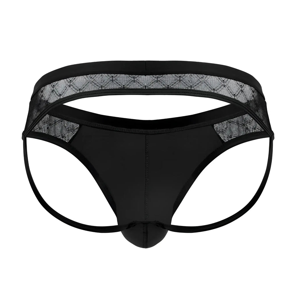 Black candyMan 99763 lace jockstrap thong with glossy fabric lace trim and reinforced elastic waistband