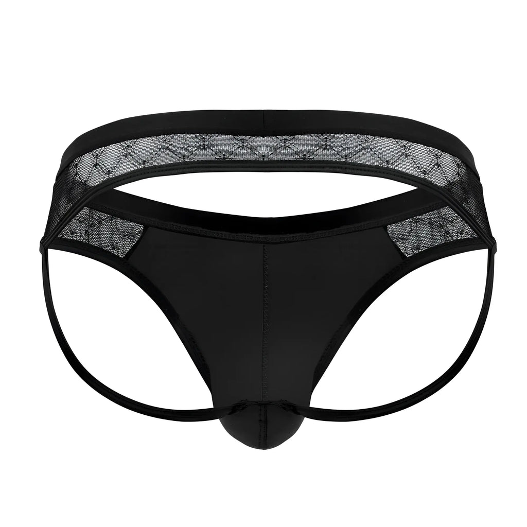 Black candyMan 99763 lace jockstrap thong with glossy fabric lace trim and reinforced elastic waistband