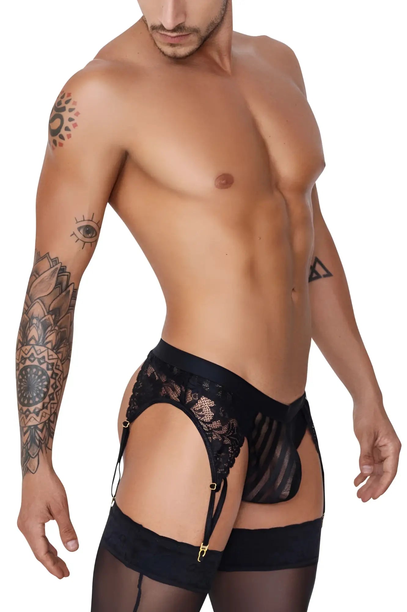 Black lace candyMan 99766 garter thong with gold-toned hardware and matching sheer stockings front view