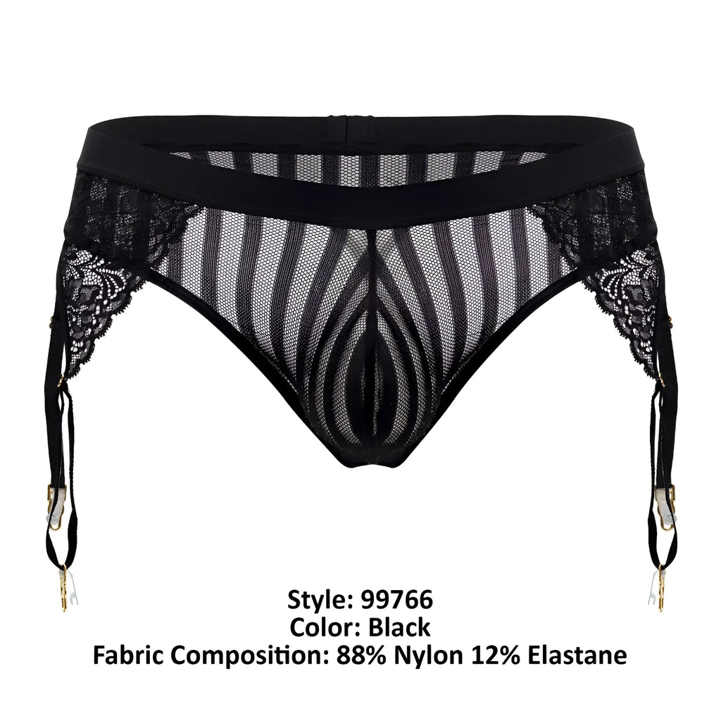 Black lace CandyMan 99766 garter thong with sheer mesh striped pattern and gold-toned clasps in black