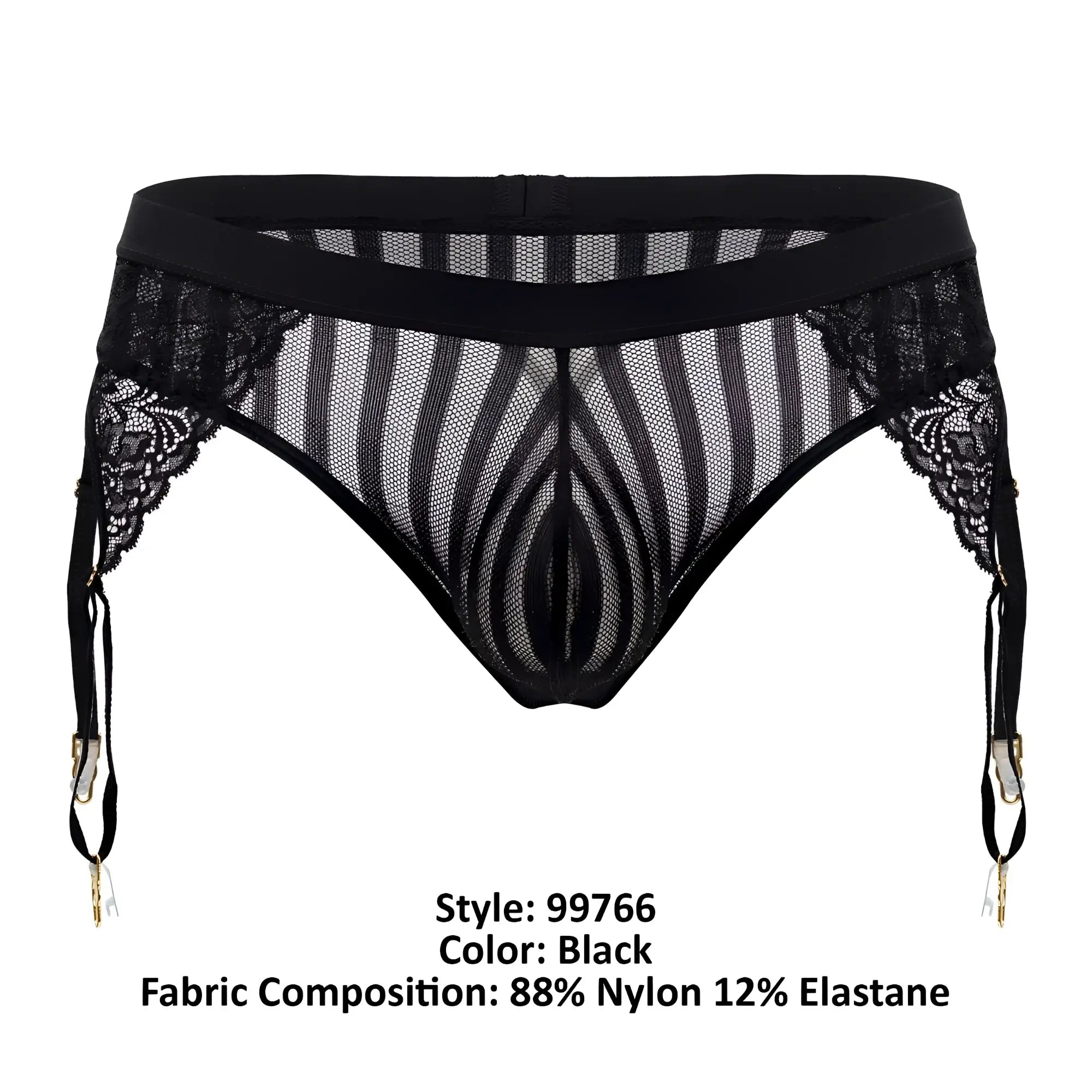 Black lace CandyMan 99766 garter thong with sheer mesh striped pattern and gold-toned clasps in black