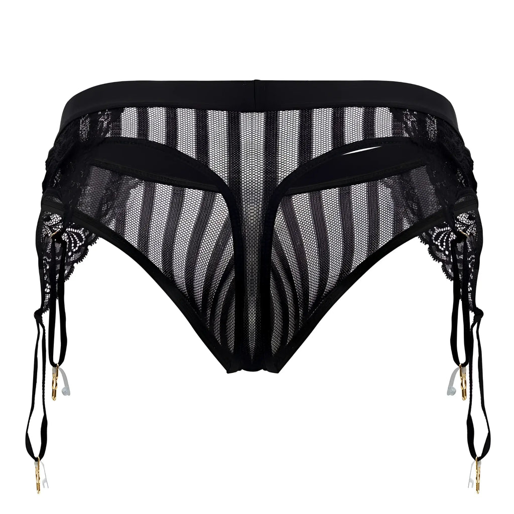 Black lace and mesh candyMan 99766 garter thong with striped pattern and gold-toned clips in black color