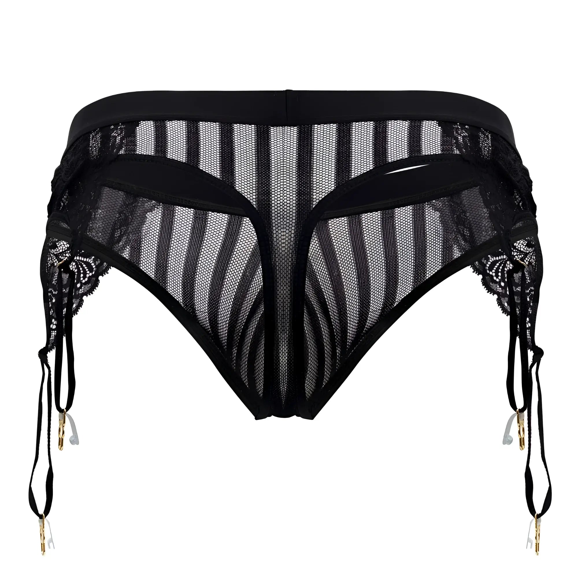 Black lace and mesh candyMan 99766 garter thong with striped pattern and gold-toned clips in black color