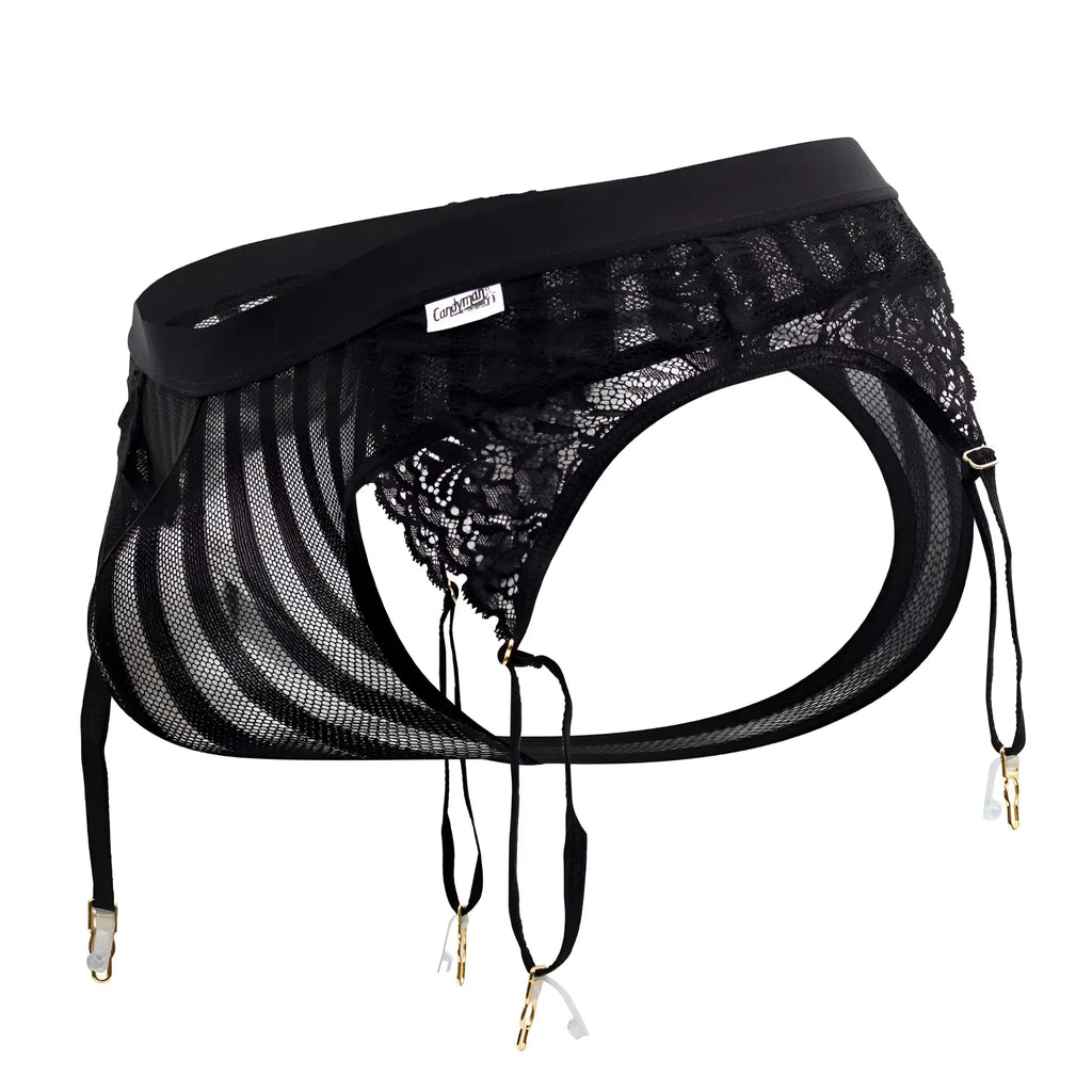 CandyMan 99766 black garter thongs with black lace mesh garter belt and gold toned clasps front view