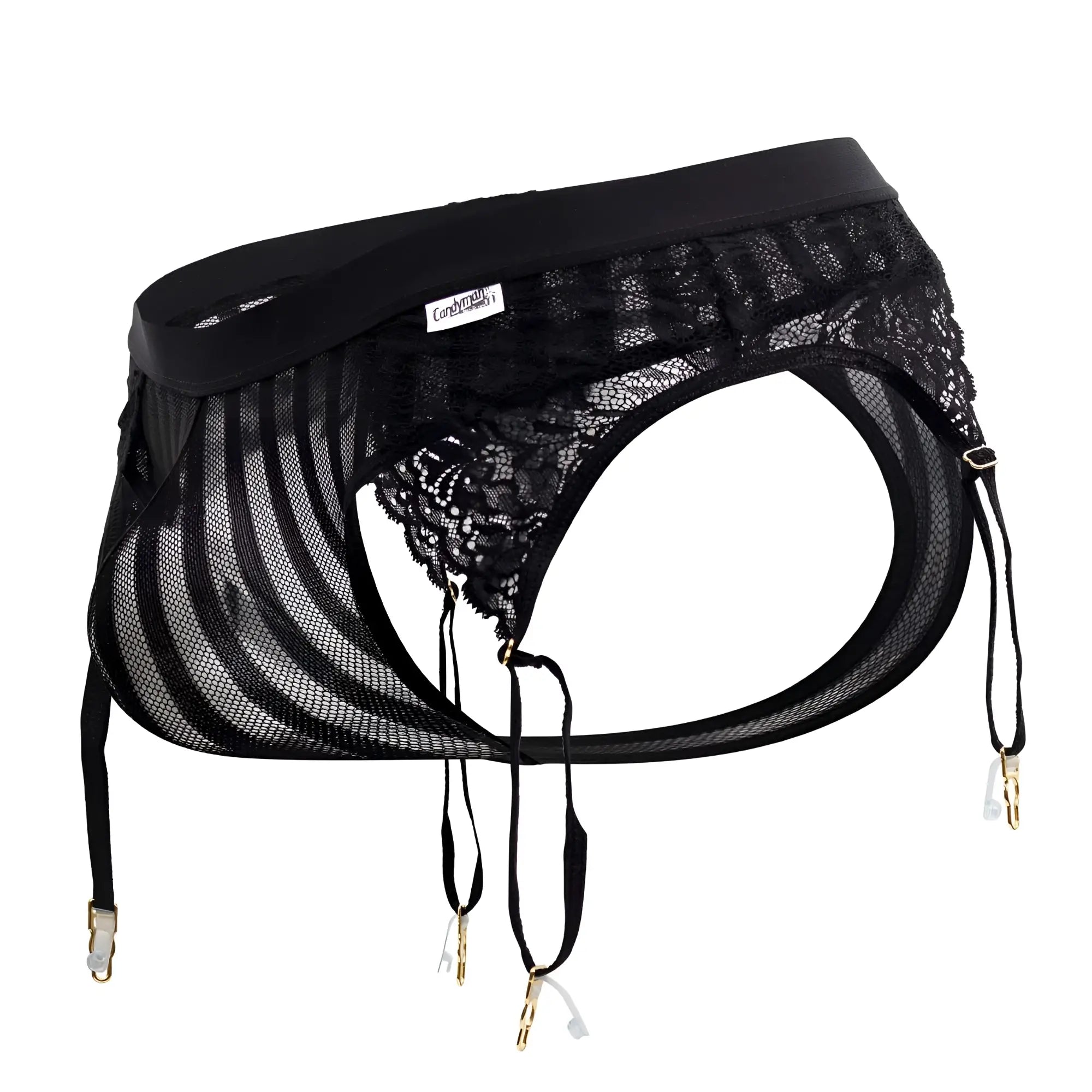 CandyMan 99766 black garter thongs with black lace mesh garter belt and gold toned clasps front view
