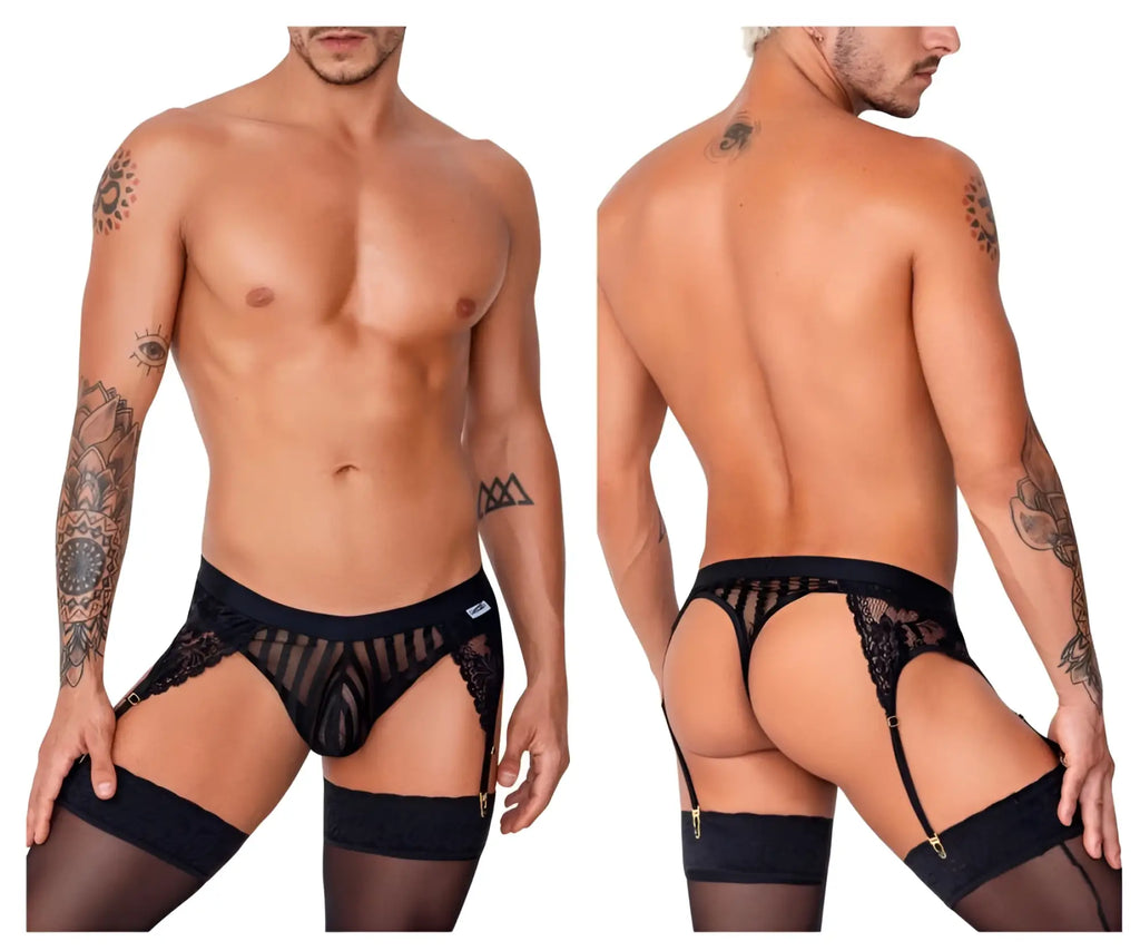 Black lace thong with matching garter belt and stockings by candyman 99766 in black shown from the back side