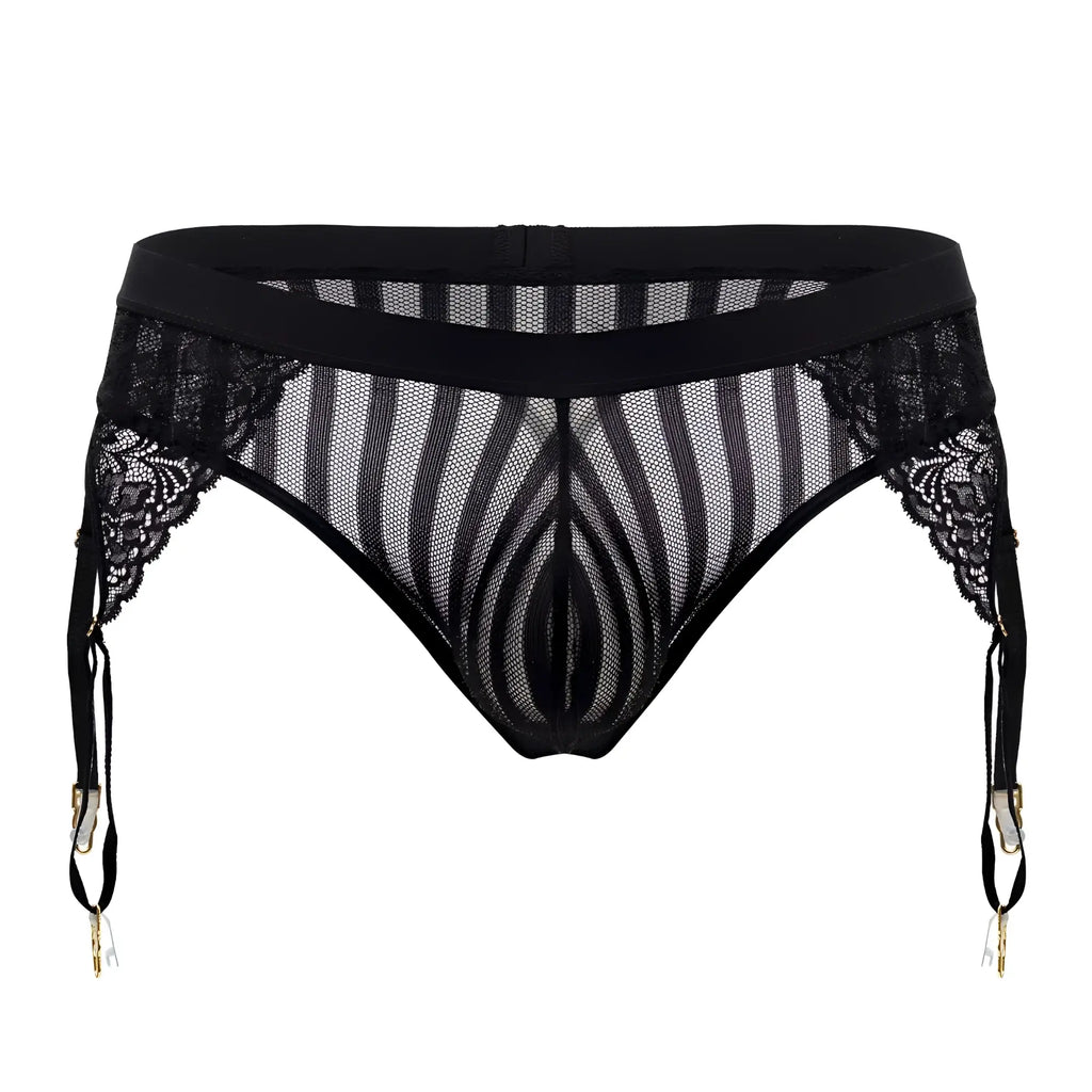 Black lace-trimmed mesh CandyMan 99766 garter thong in black with striped pattern and gold-toned clasps