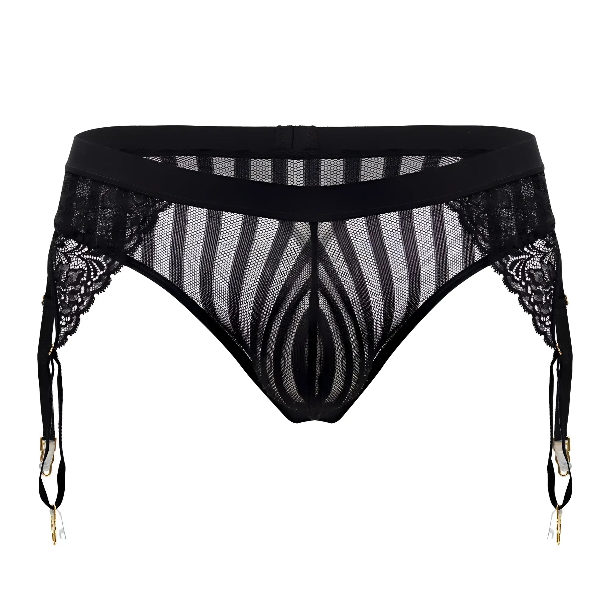 Black lace-trimmed mesh CandyMan 99766 garter thong in black with striped pattern and gold-toned clasps