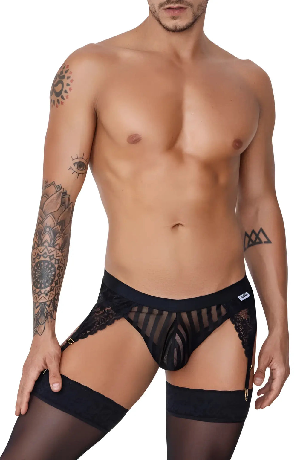 Candyman 99766 black sheer briefs with black lace trim mesh front and adjustable garter straps