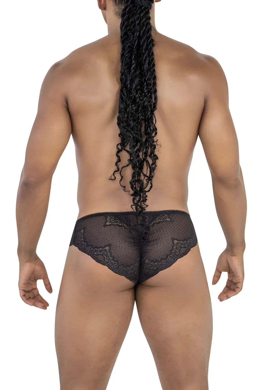 Black lace briefs candyman 99769 in black with sheer mesh design and intricate patterned trim front view