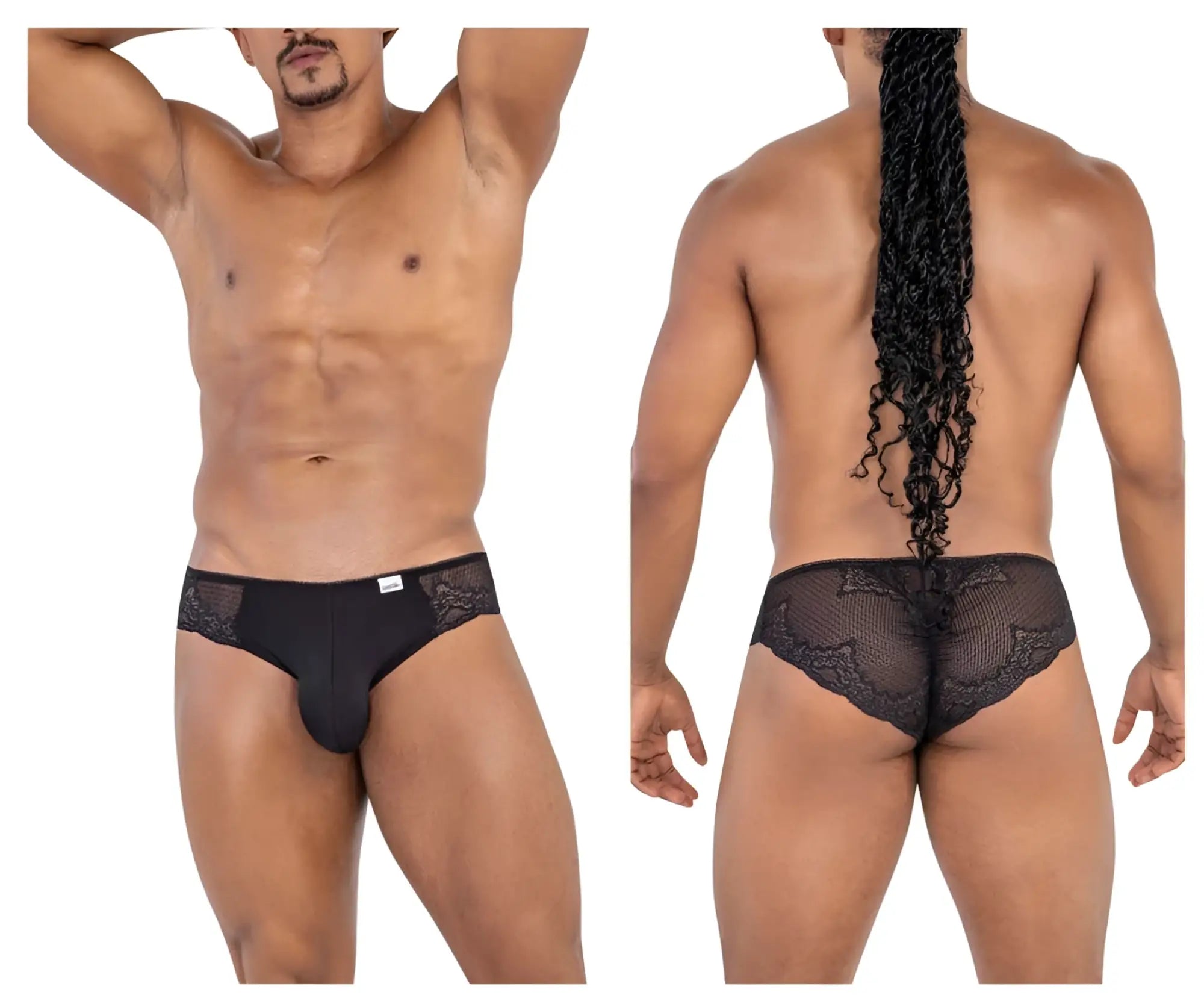 Black candyMan 99769 lace briefs showing back mesh panel detail made of lace-trimmed fabric for men