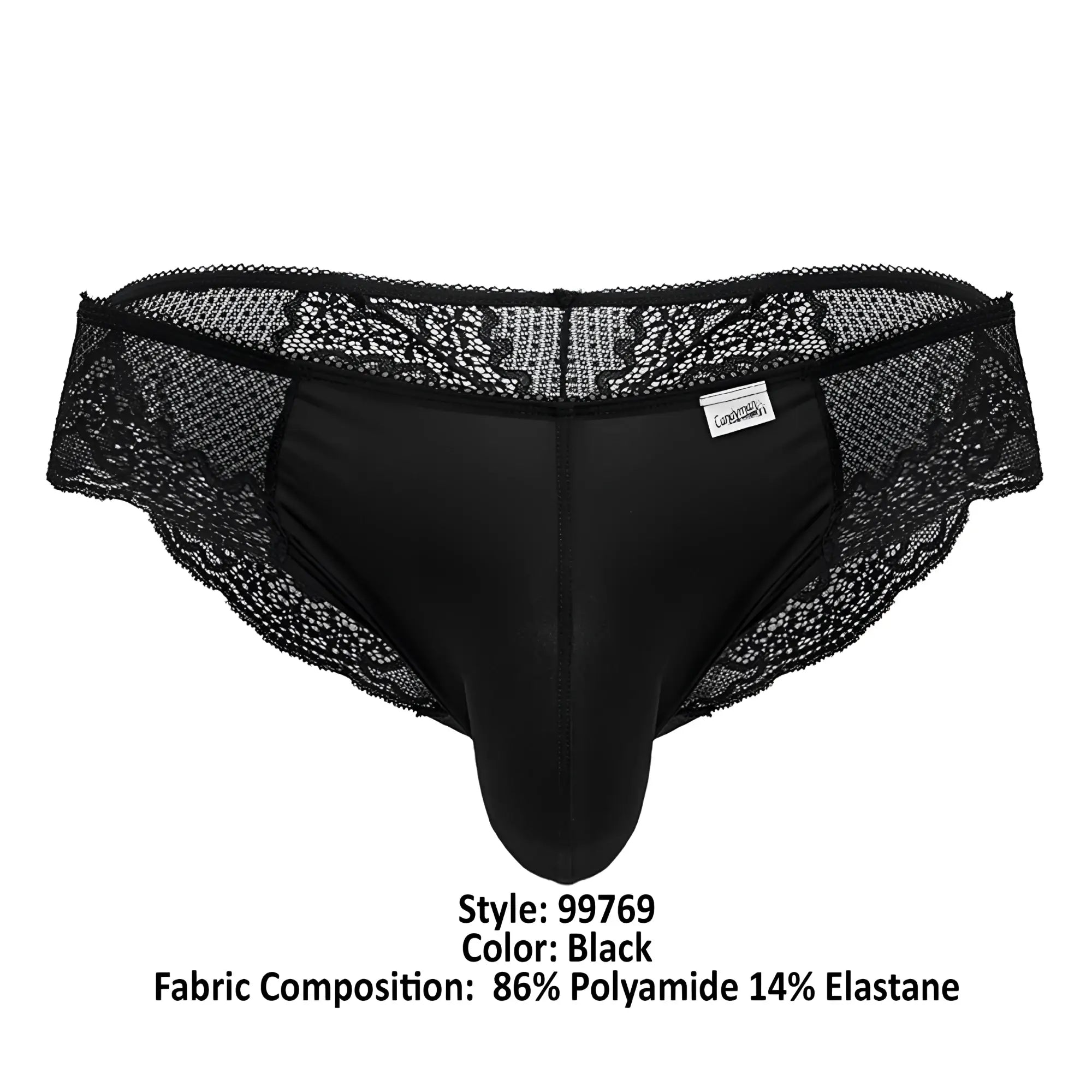 CandyMan 99769 black lace briefs with smooth, form-fitting design and delicate lace trim for men