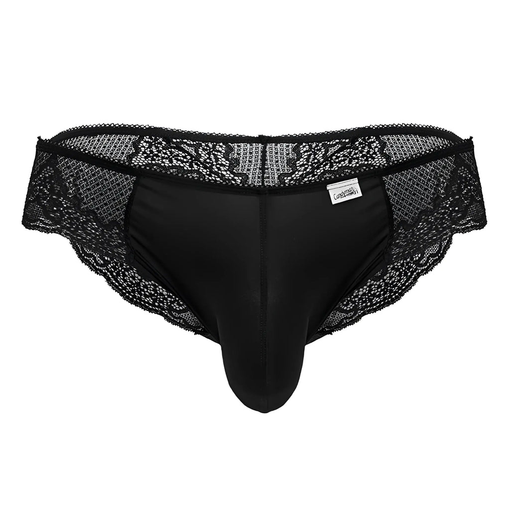 CandyMan 99769 black men’s briefs with smooth satin body and black lace-trimmed floral embroidered waistband