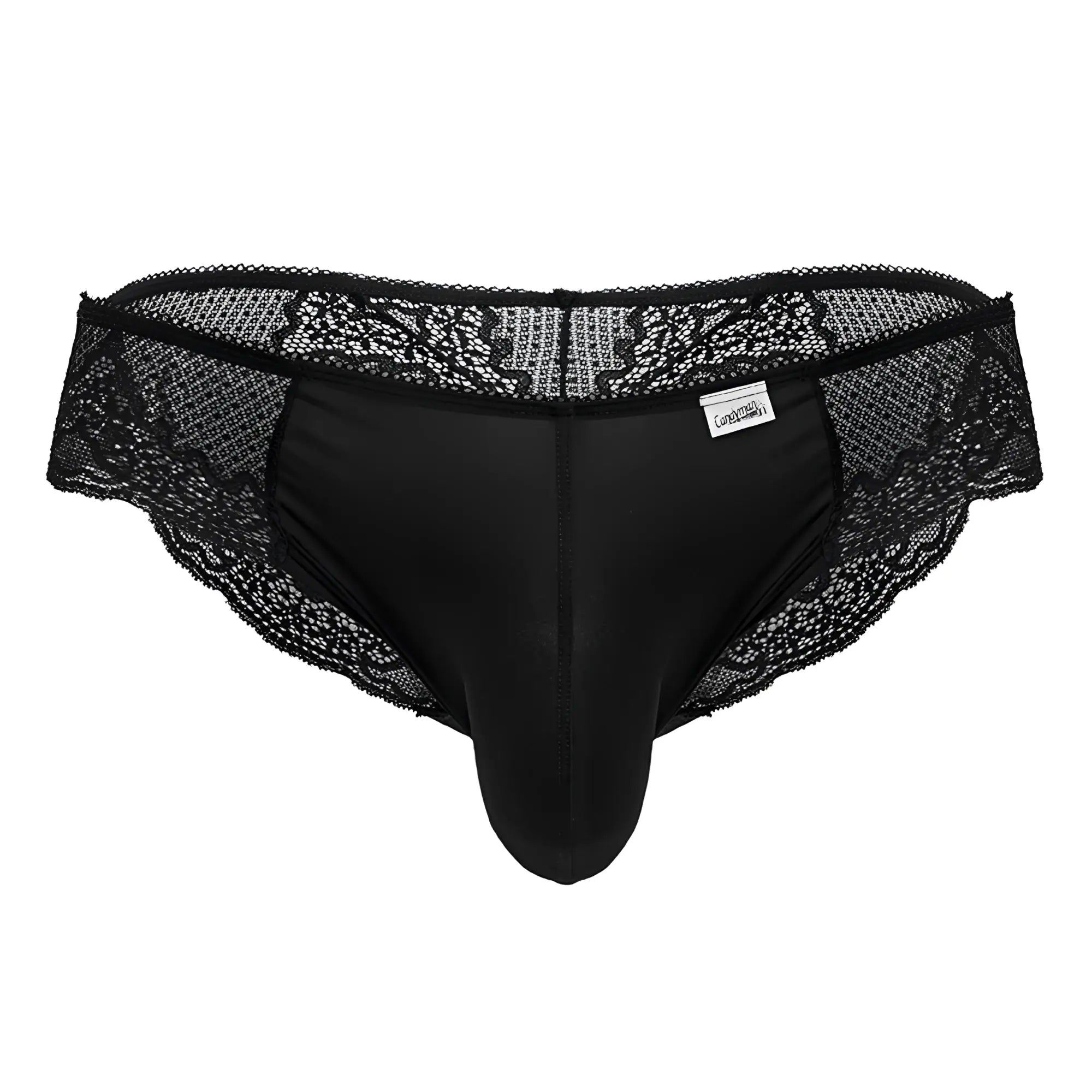 CandyMan 99769 black men’s briefs with smooth satin body and black lace-trimmed floral embroidered waistband