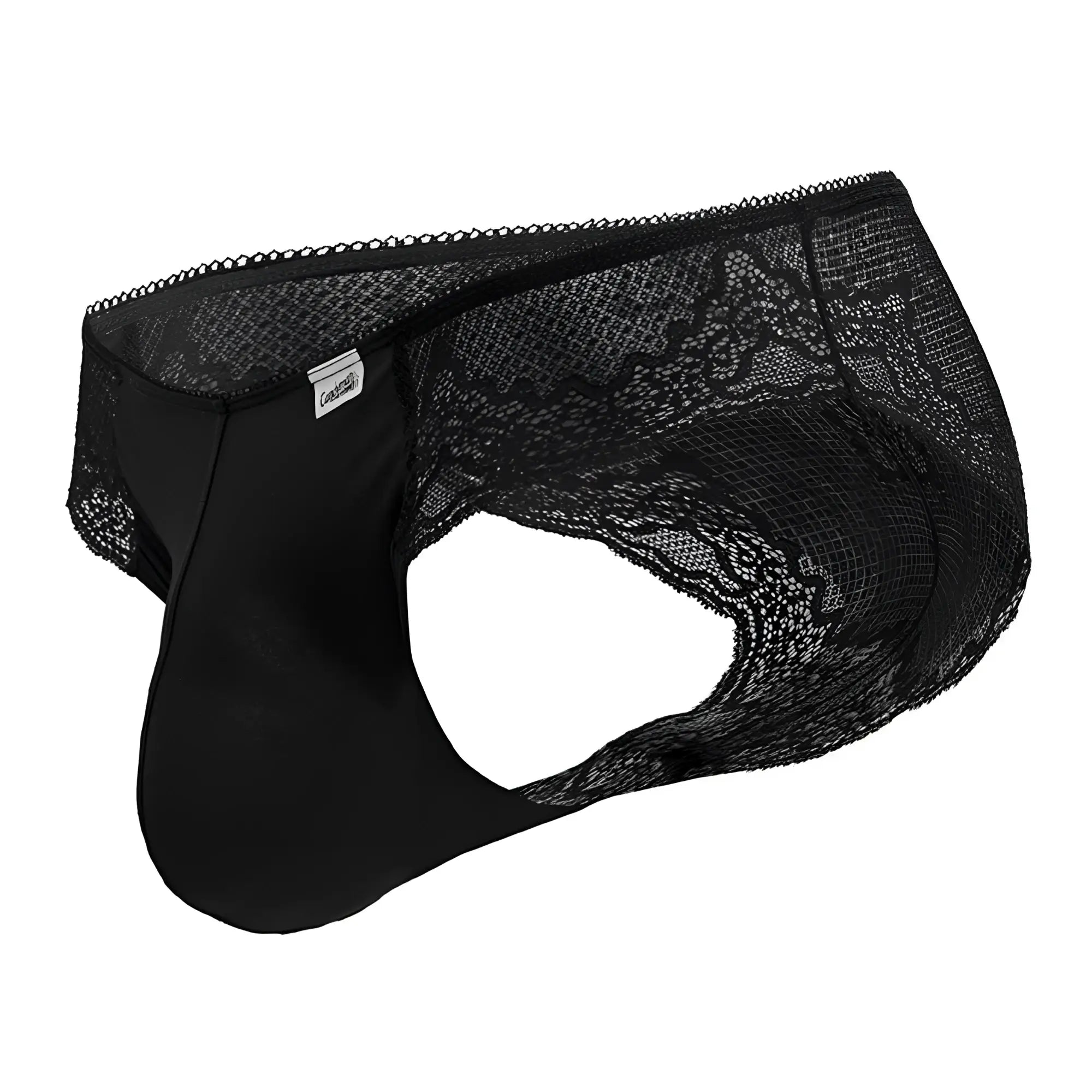 CandyMan 99769 men’s black lace briefs with smooth front fabric and intricate floral lace trim on the sides