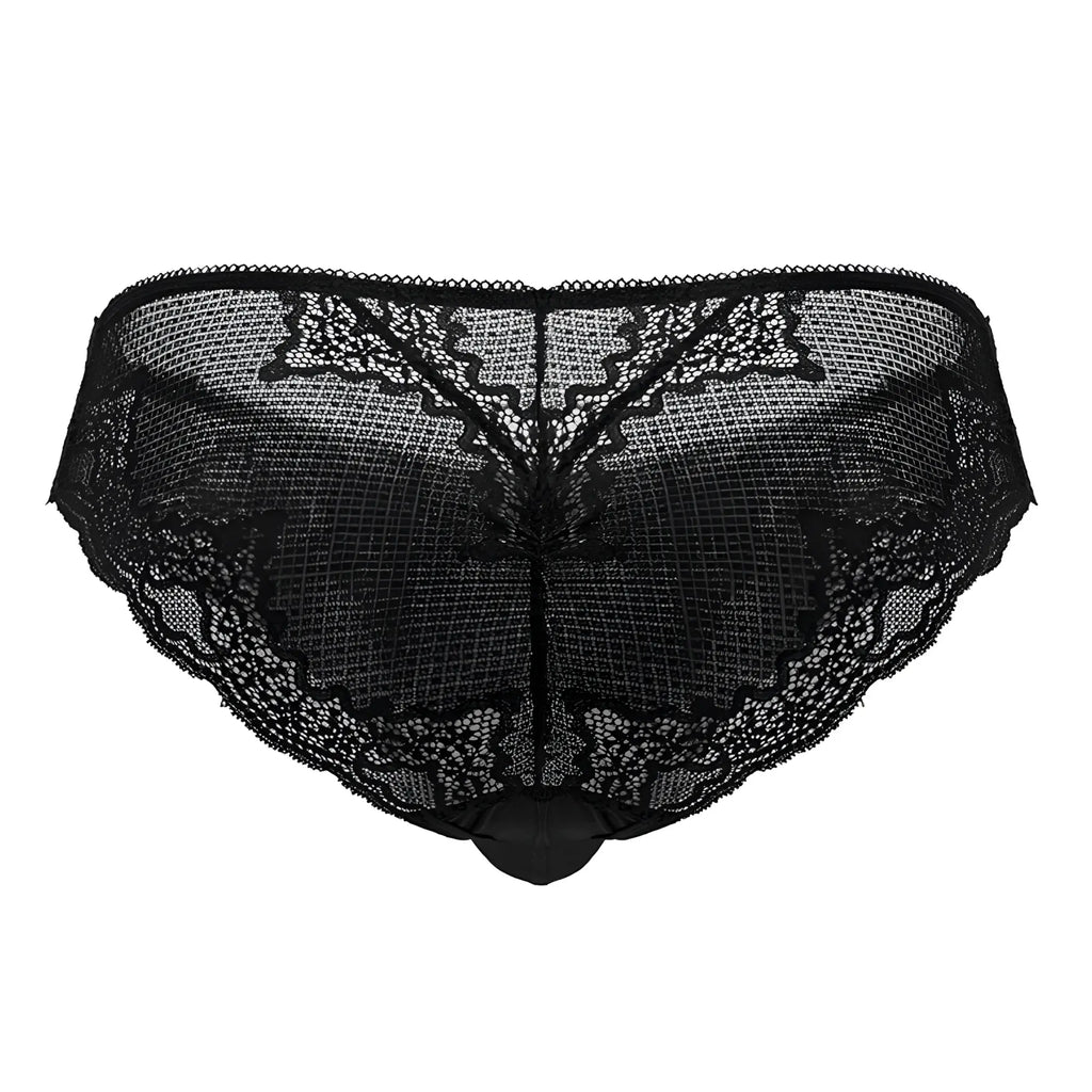 Black CandyMan 99769 lace briefs featuring intricate floral patterns on a sheer mesh base