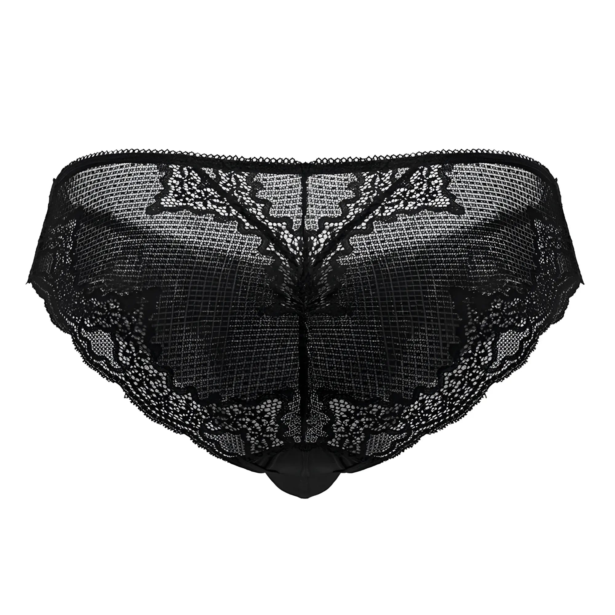 Black CandyMan 99769 lace briefs featuring intricate floral patterns on a sheer mesh base