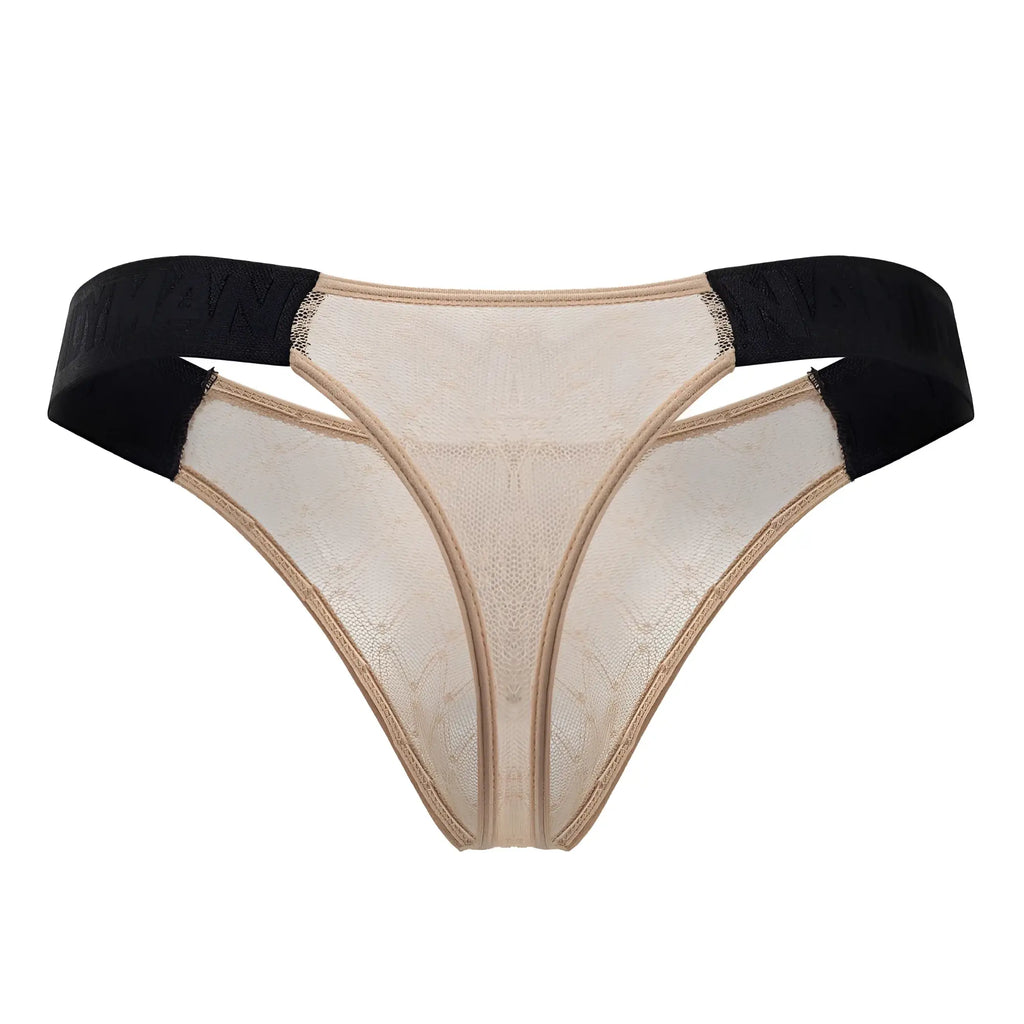 Beige lace candyMan 99771 mesh thong with black elastic waistband showing front side details