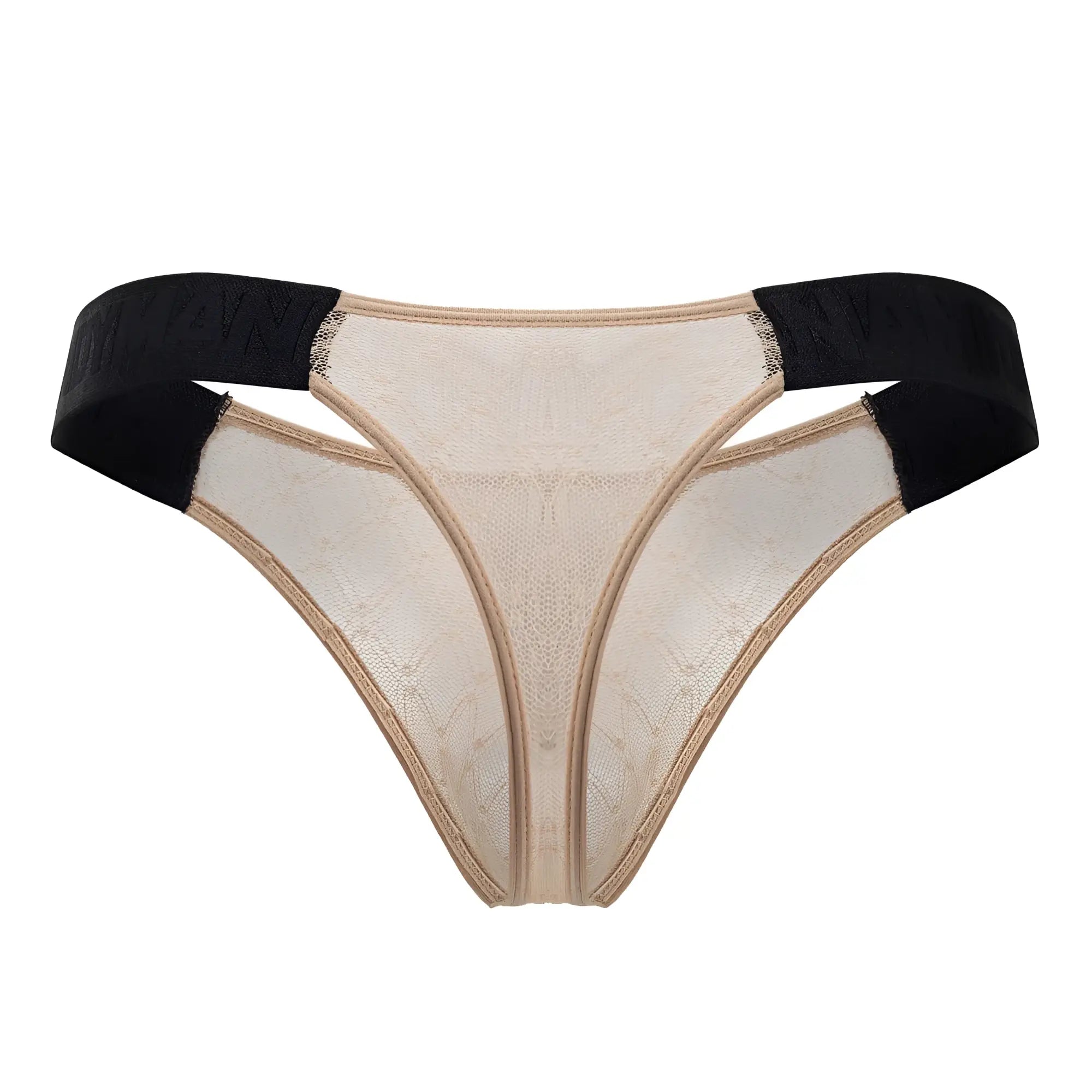 Beige lace candyMan 99771 mesh thong with black elastic waistband showing front side details