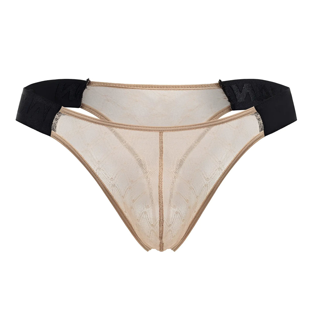 Beige candy man 99771 mesh thong with black elastic waistband featuring lace and mesh detailing