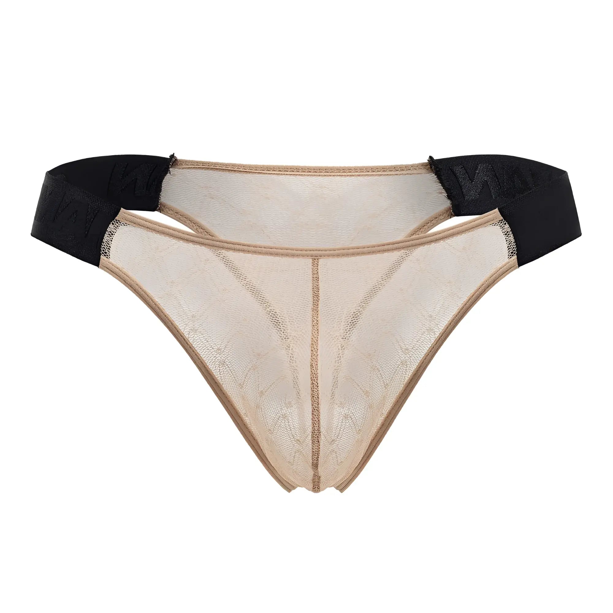 Beige candy man 99771 mesh thong with black elastic waistband featuring lace and mesh detailing
