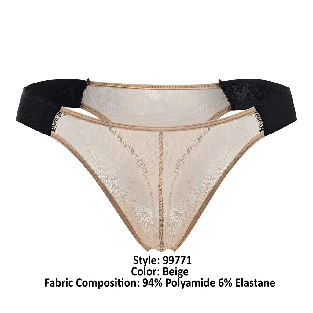 Beige lace thong with black elastic waistband from candyman 99771 mesh thongs collection shown from front
