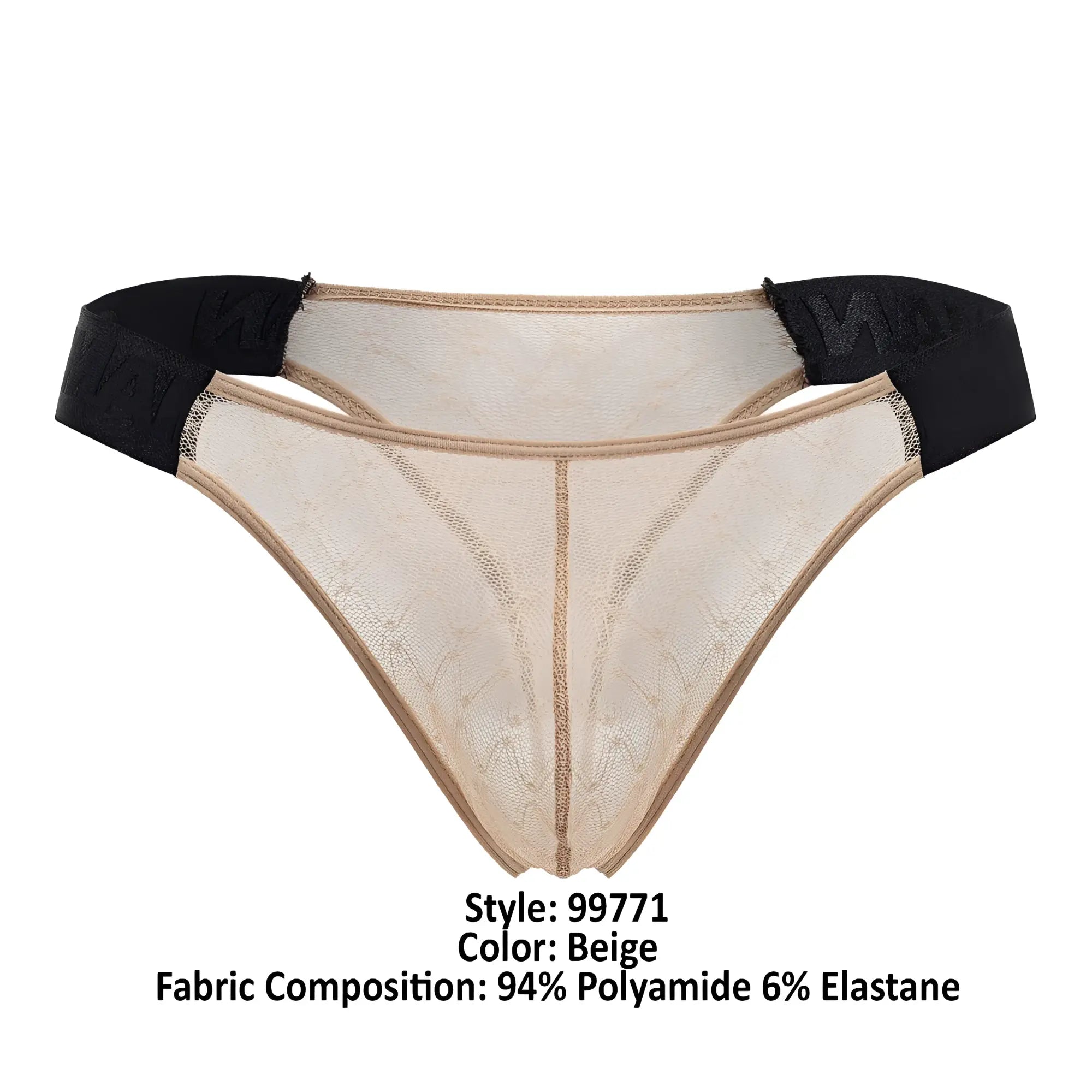 Beige lace thong with black elastic waistband from candyman 99771 mesh thongs collection shown from front