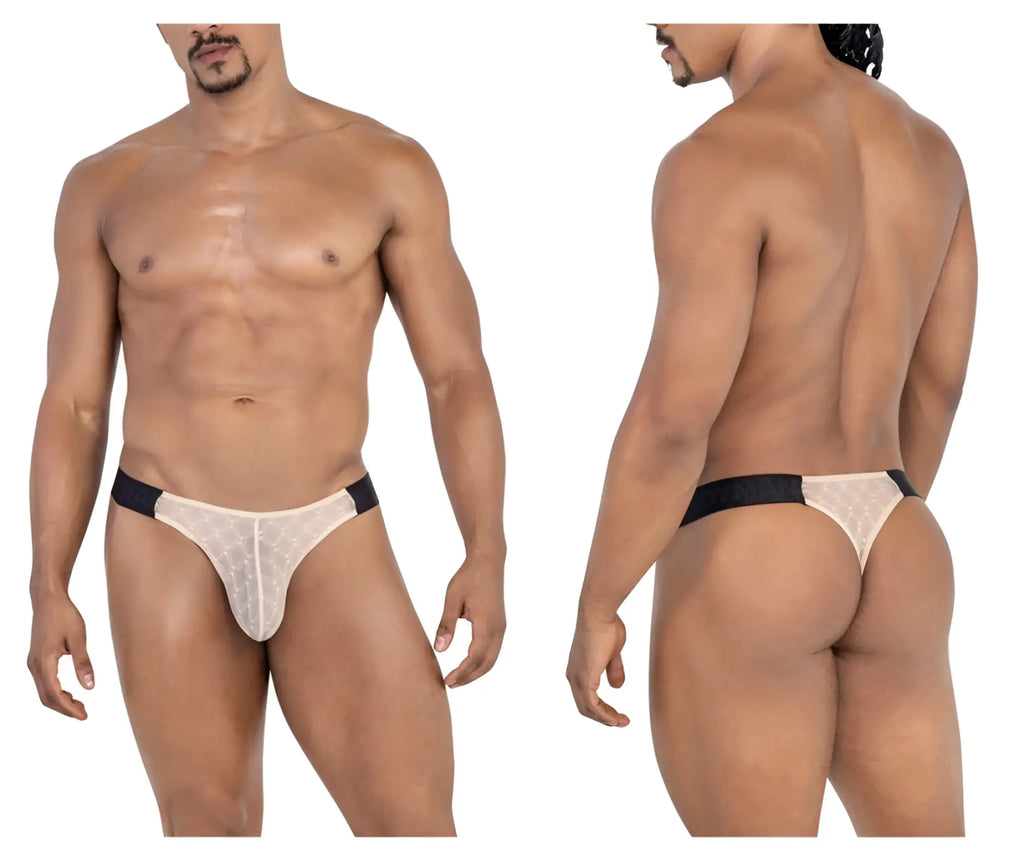 Beige lace mesh thong with black elastic waistband by candyman 99771 shown from the back side