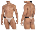 Beige lace mesh thong with black elastic waistband by candyman 99771 shown from the back side