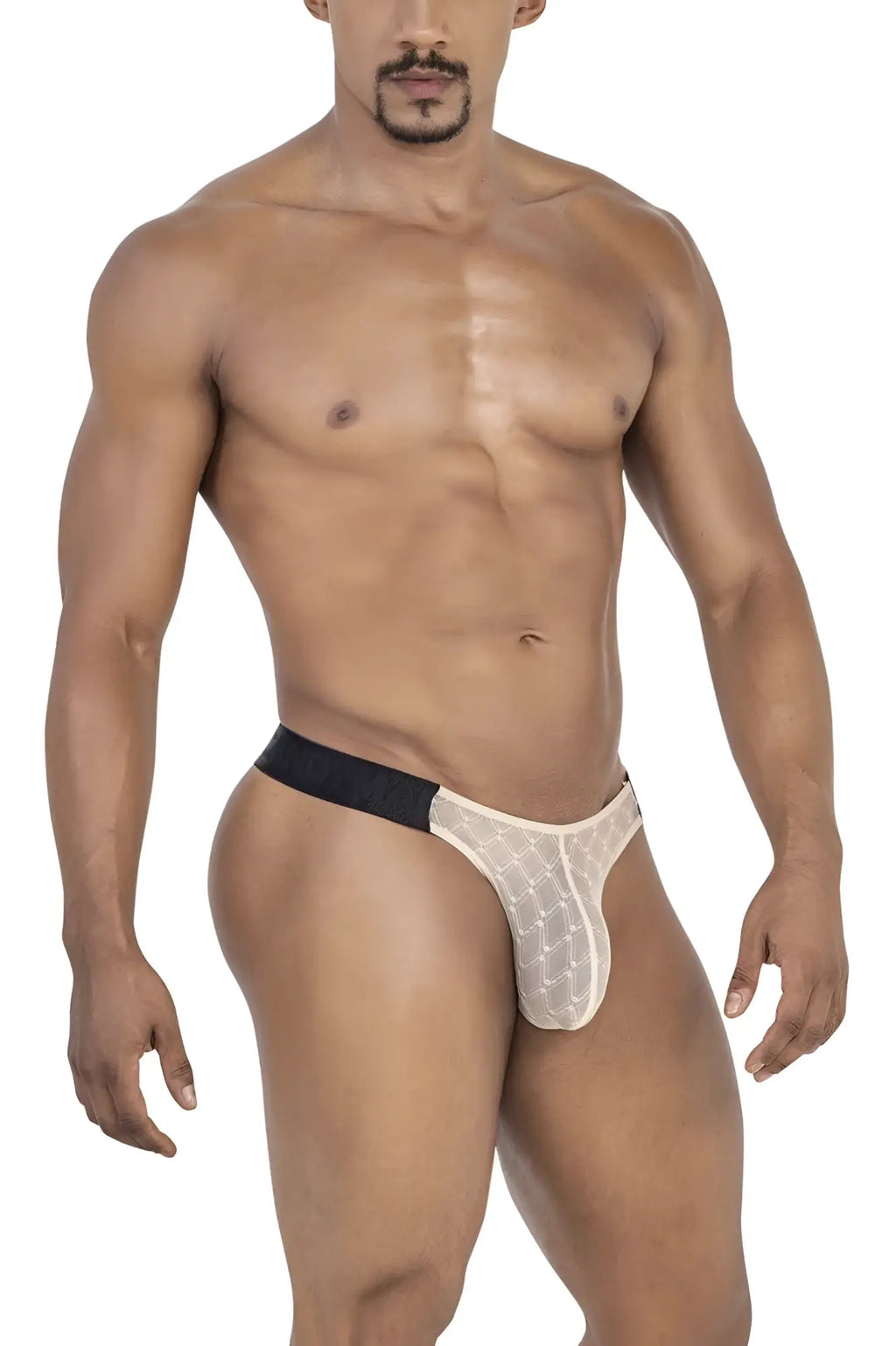 Beige lace mesh thong with a black waistband from candyman 99771 collection shown from the back side