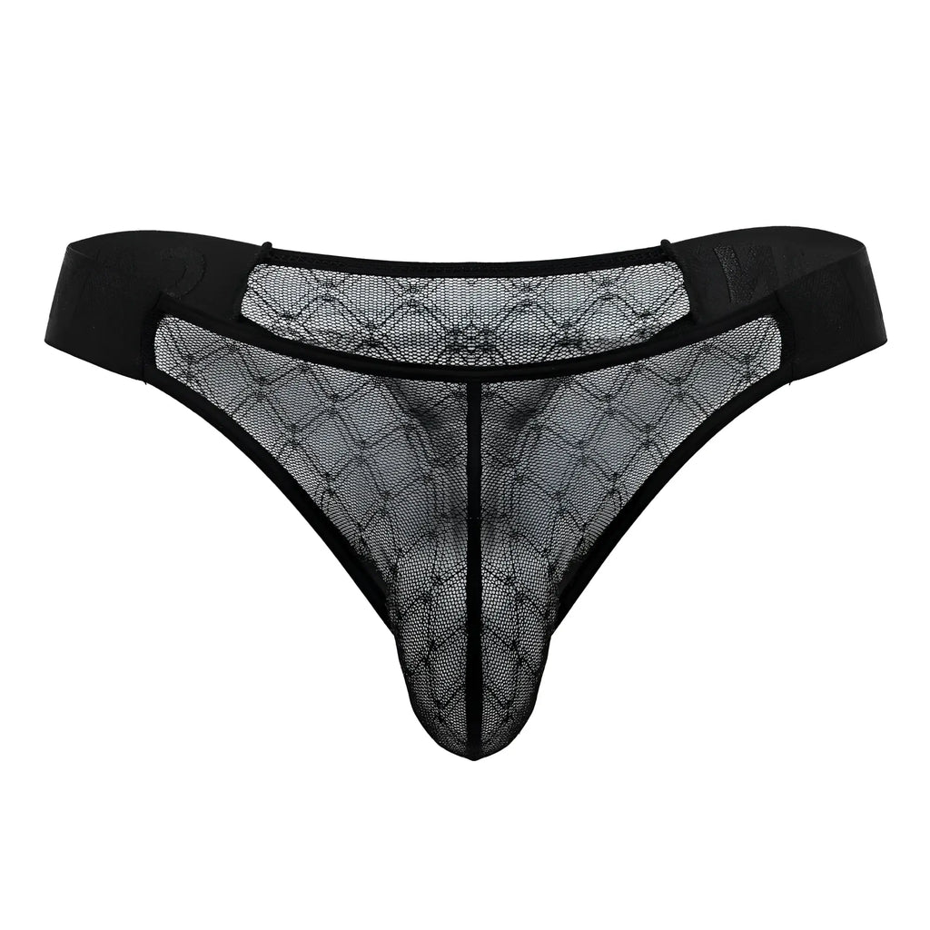 Black lace thong candyMan 99771 with diamond-patterned mesh design and solid fabric waistband in black color