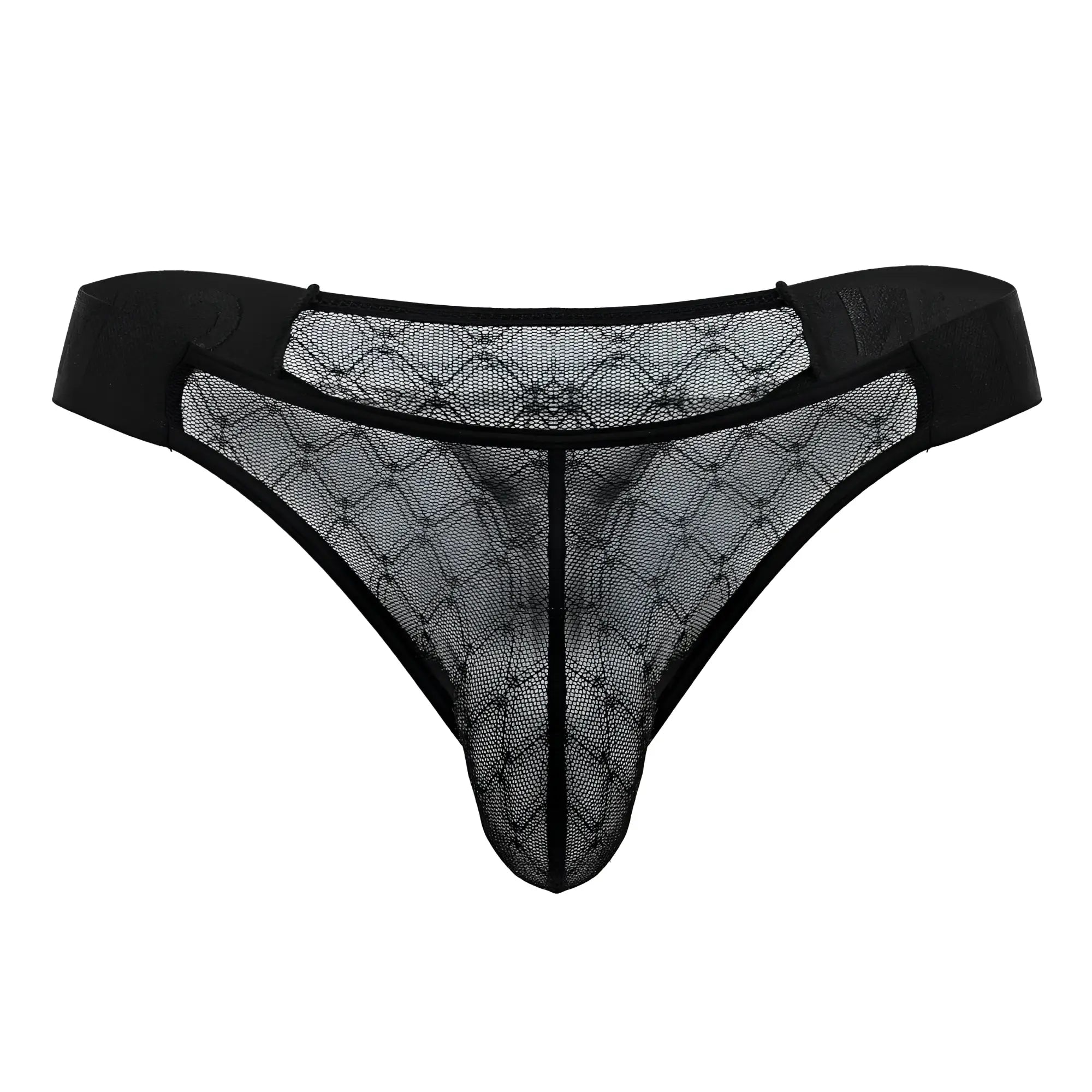 Black lace thong candyMan 99771 with diamond-patterned mesh design and solid fabric waistband in black color