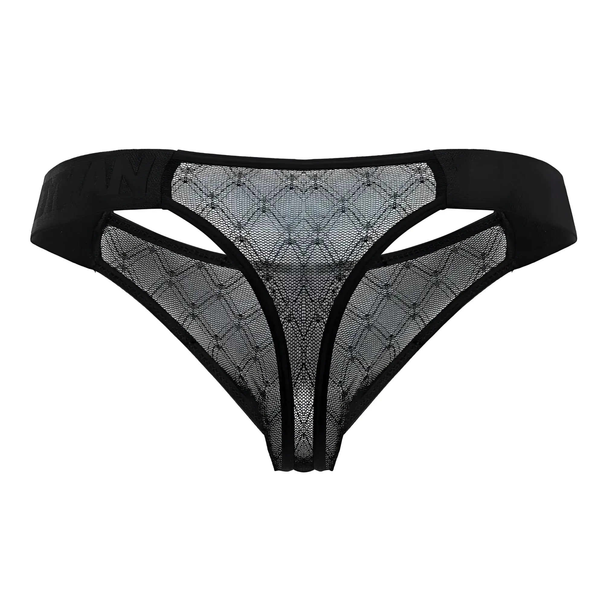 Black candyMan 99771 mesh thong with diamond-patterned lace mesh and solid elastic waistband