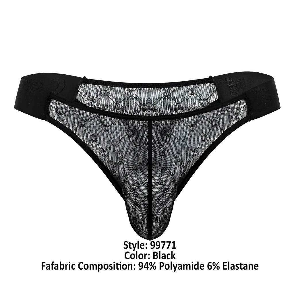 Black candyMan 99771 lace thong with diamond-patterned mesh design and elastic waistband shown from the back side