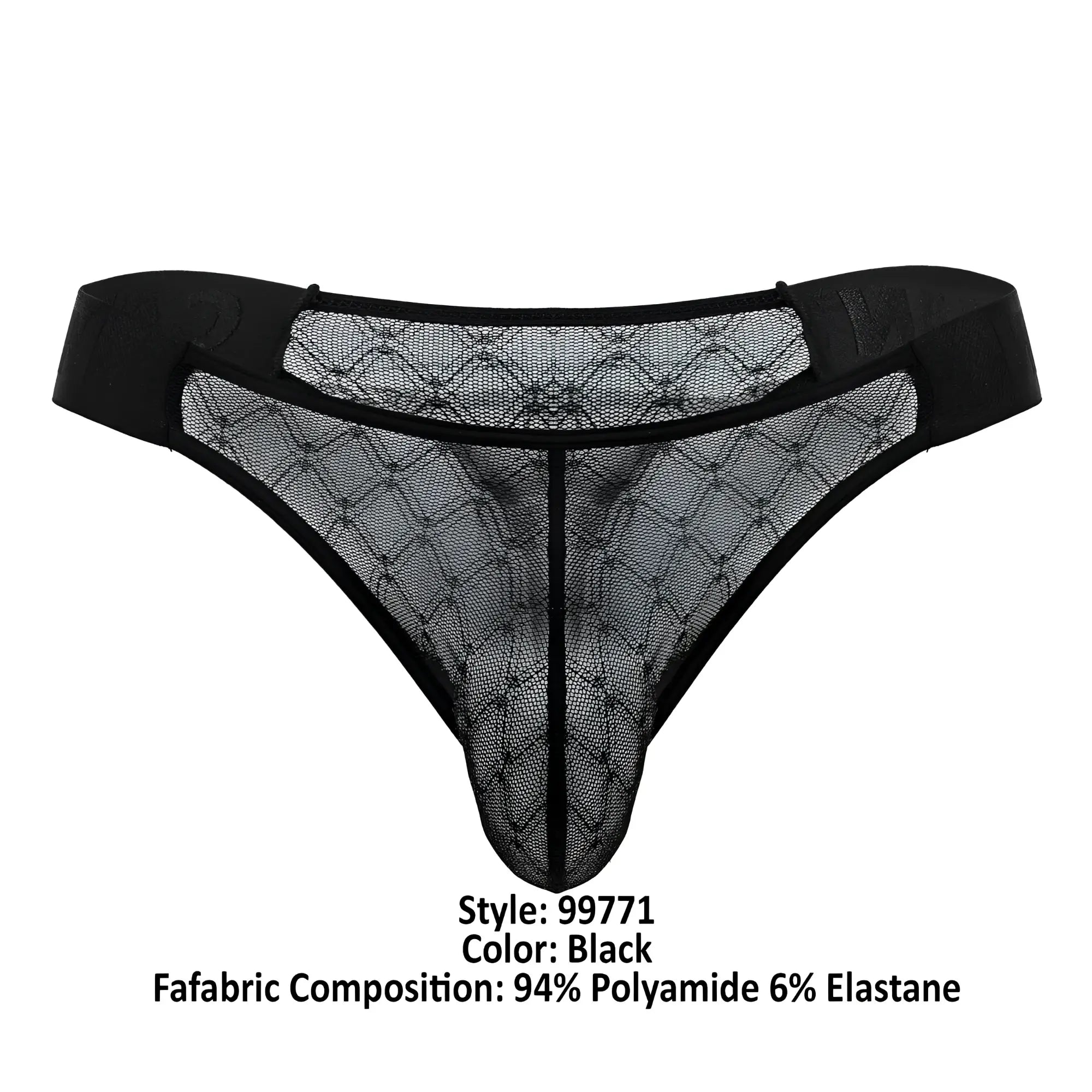 Black candyMan 99771 lace thong with diamond-patterned mesh design and elastic waistband shown from the back side