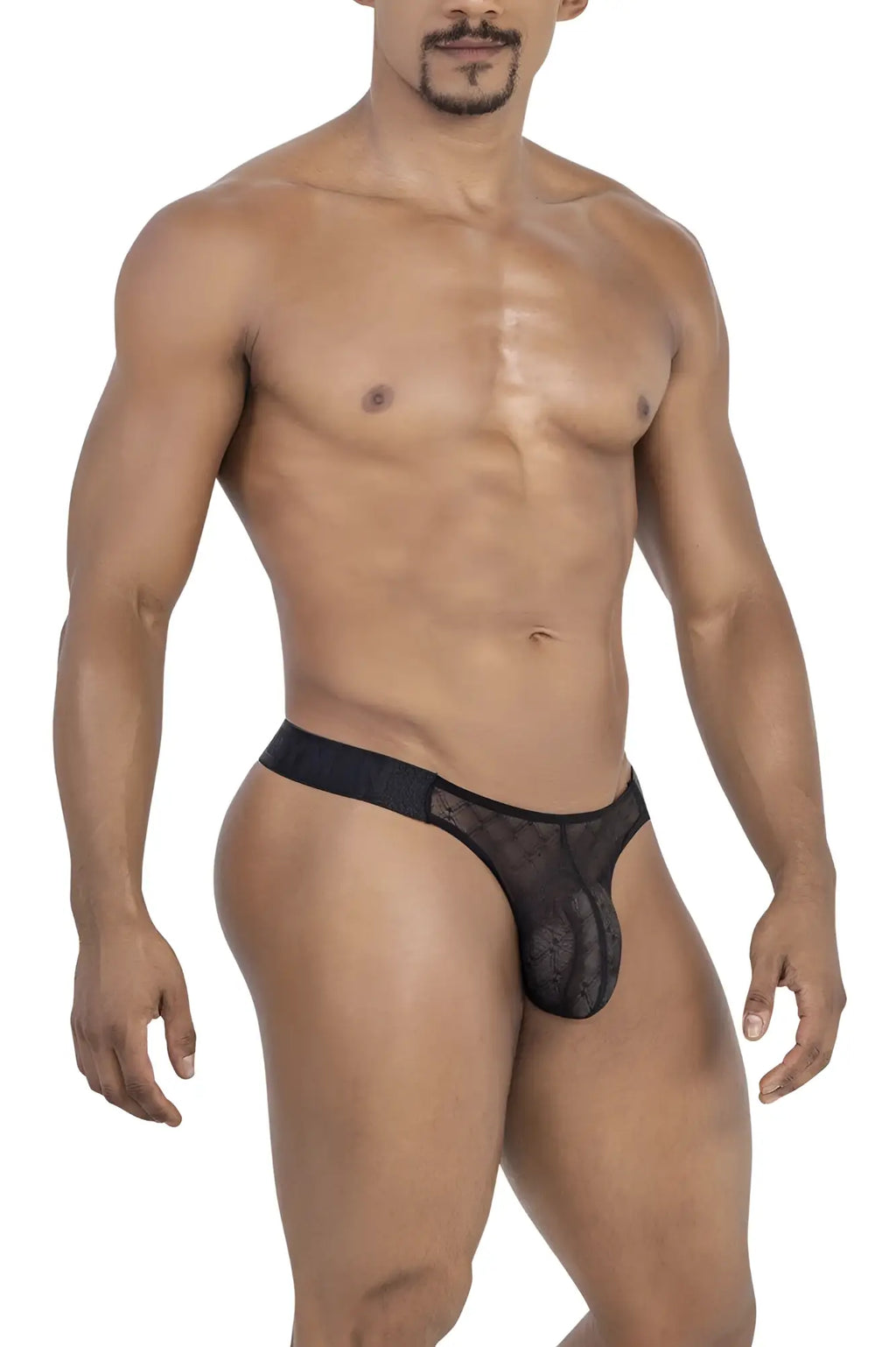 Black lace thong candyMan 99771 in black with sheer patterned mesh and solid waistband shown from the back side