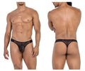 Black candyMan 99771 mesh thong with sheer fabric solid waistband and subtle patterned detailing front view