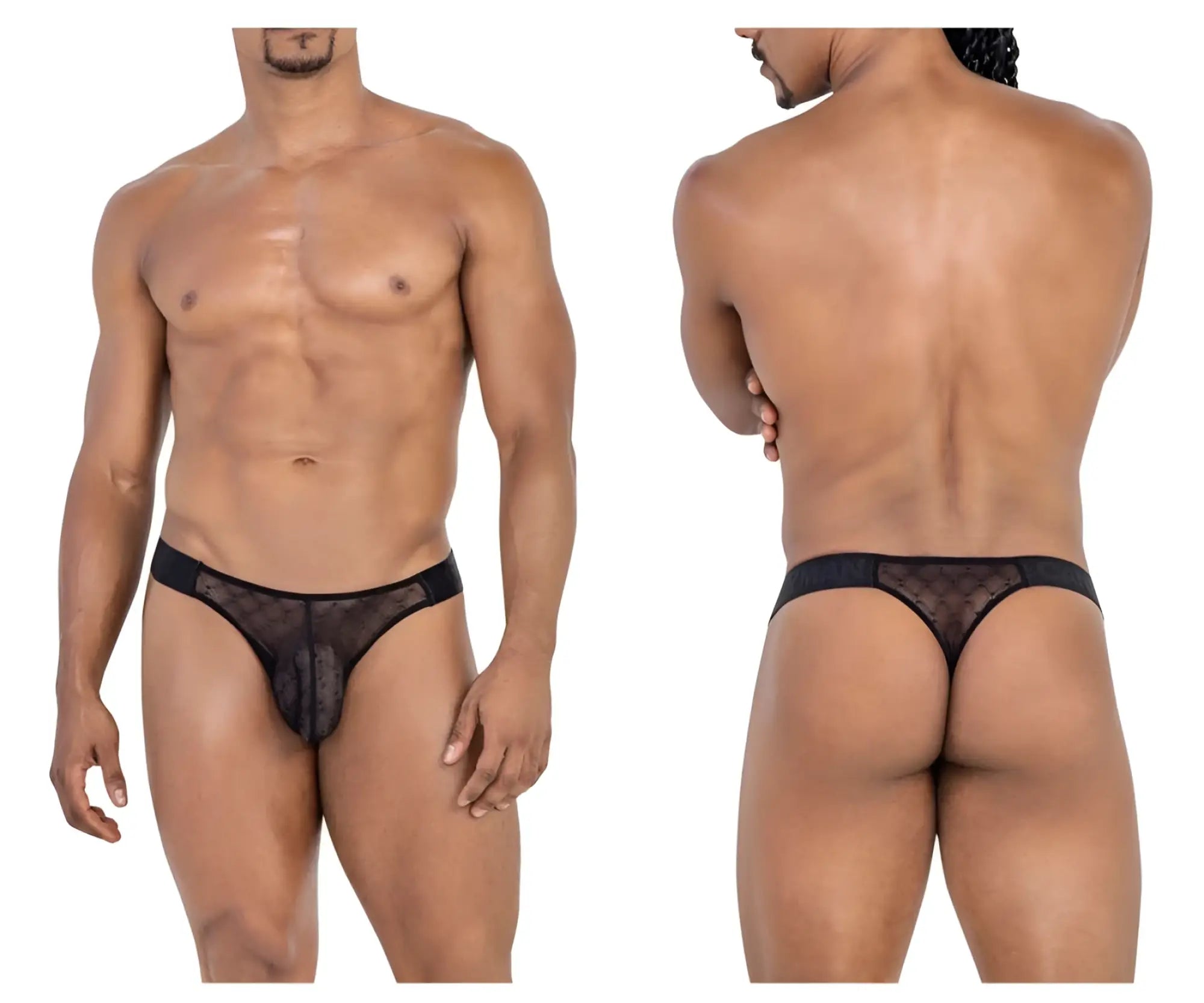 Black candyMan 99771 mesh thong with sheer fabric solid waistband and subtle patterned detailing front view
