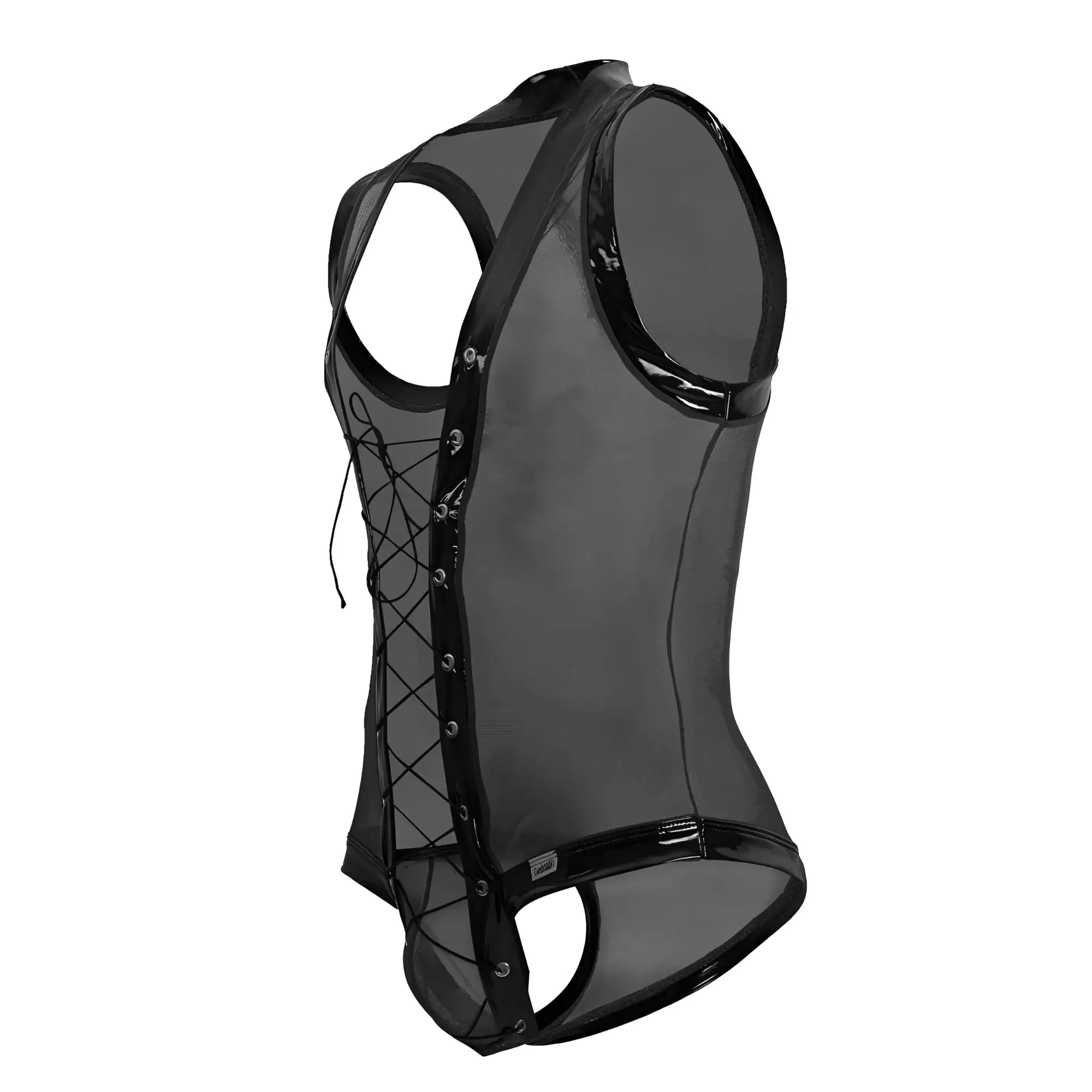Black mesh corset with glossy patent leather trim and lace-up front from candyman 99774 gladiator bodysuit